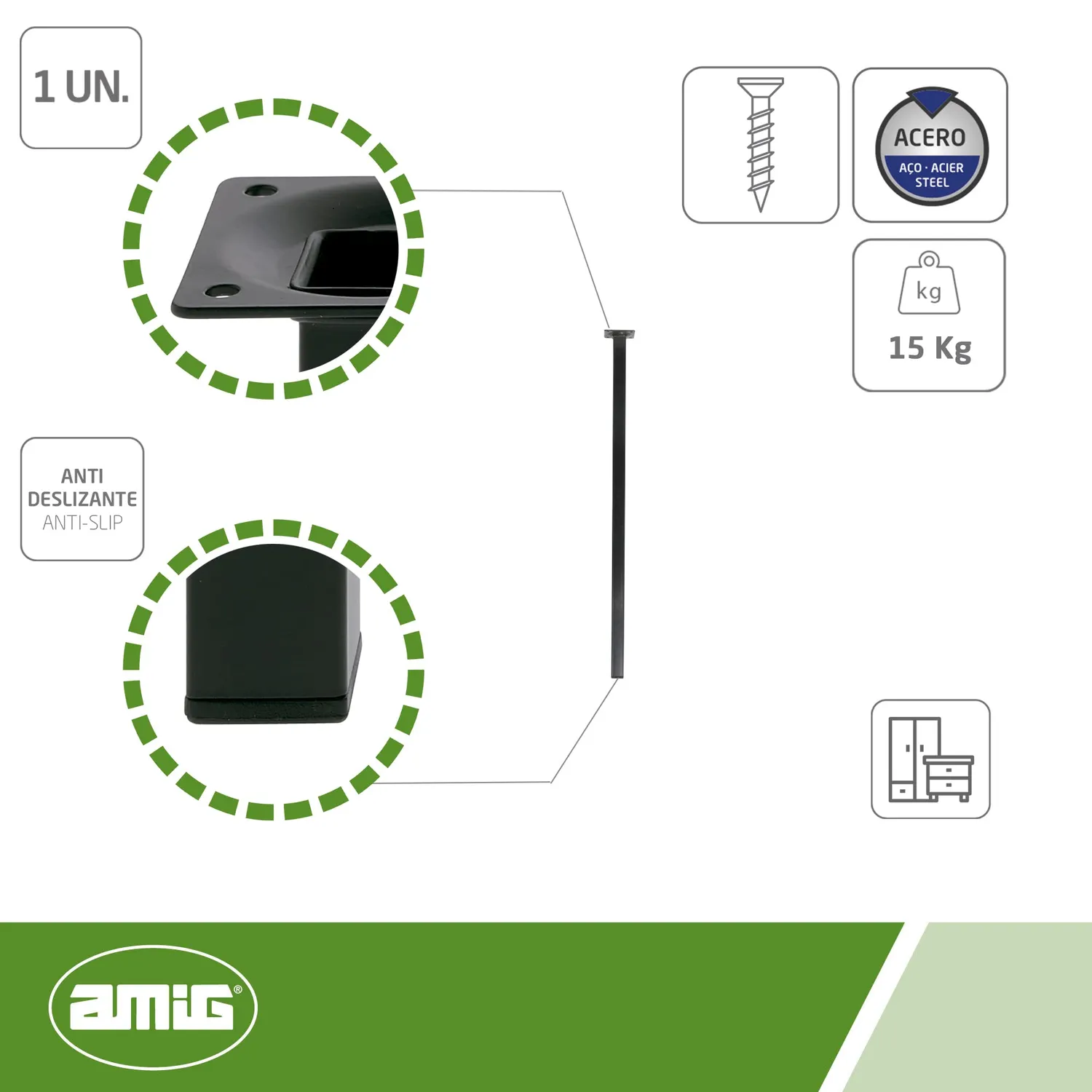 Amig Pata 3 21739 gamba per tavolo nera 25x25x600 mm