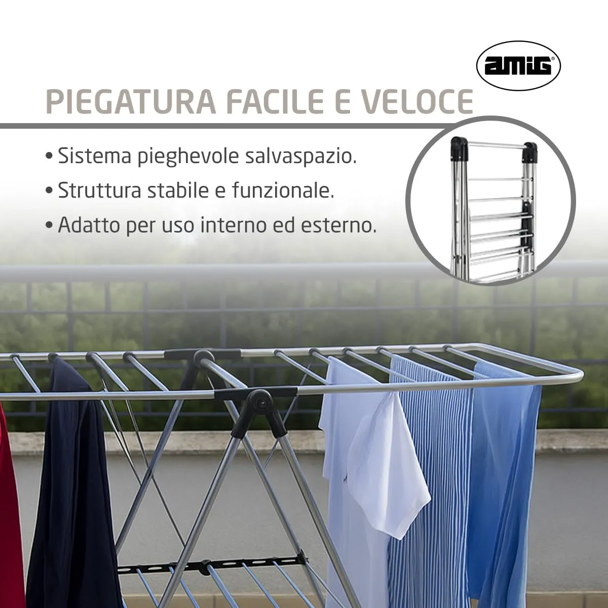 Amig Aeria UrbanDry Stendibiancheria 15 m Argento Nero 145 cm
