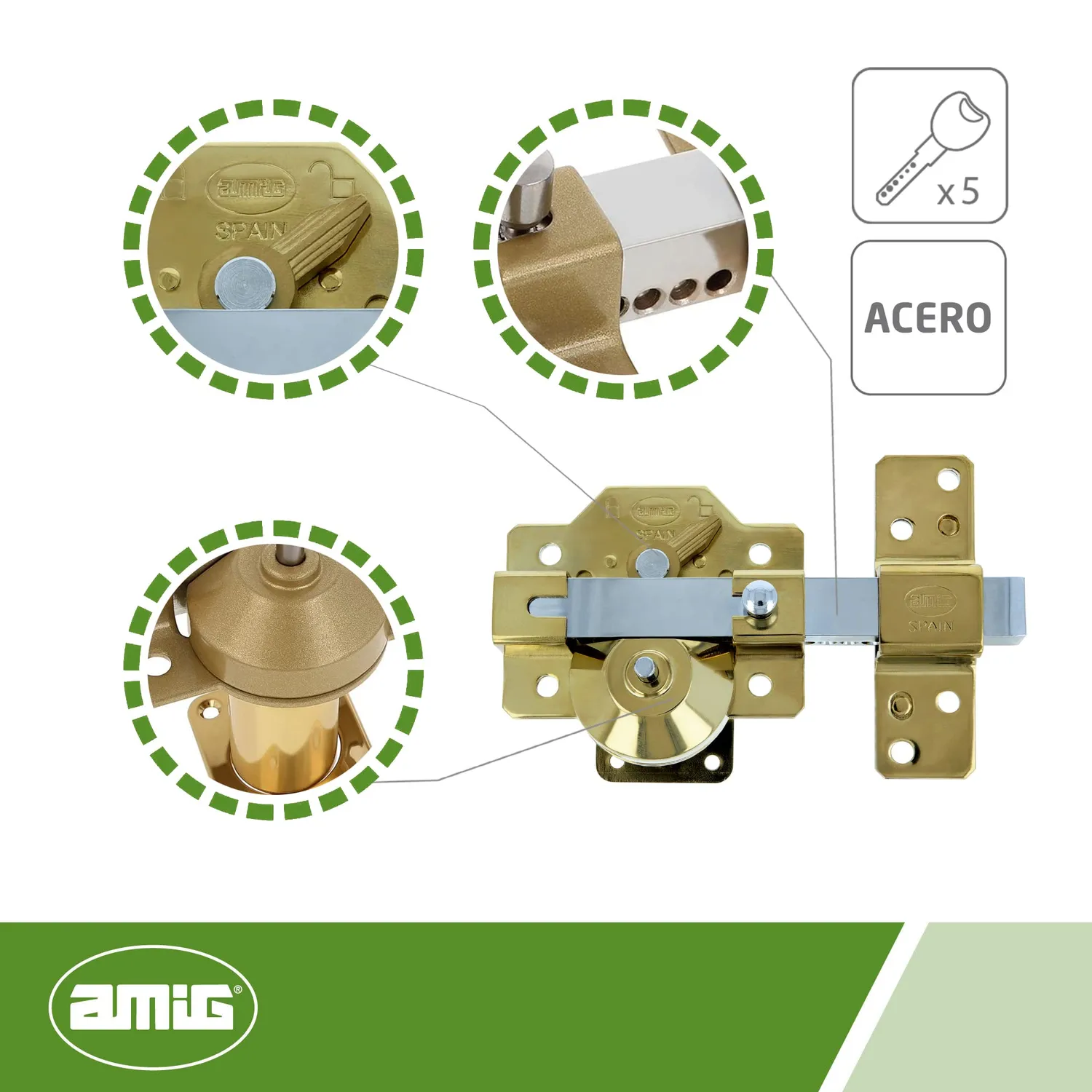 Amig chiavistello acciaio oro 90x154 mm cilindro 50 mm
