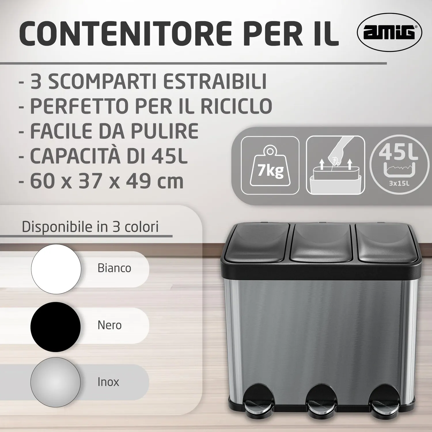 Amig RECIK3-3 pattumiera tripla 45L argento inox