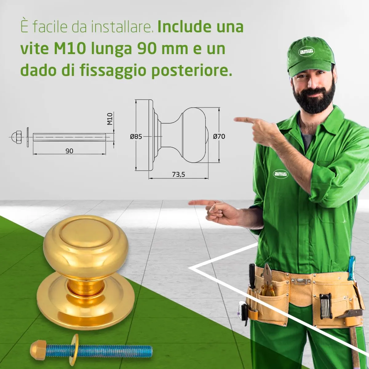 Amig 53 Pomello Porta Ottone Dorato Ø70 mm Esterno