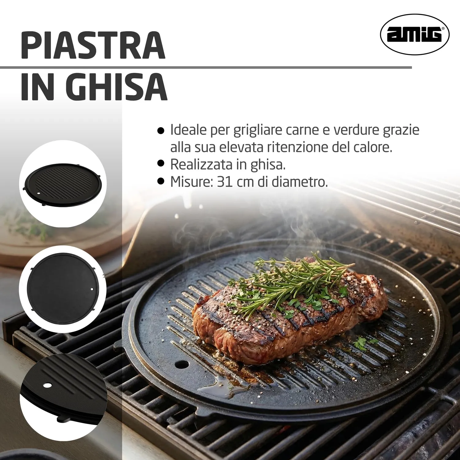 Amig AM37 piastra ghisa rotonda 31 cm scanalata barbecue