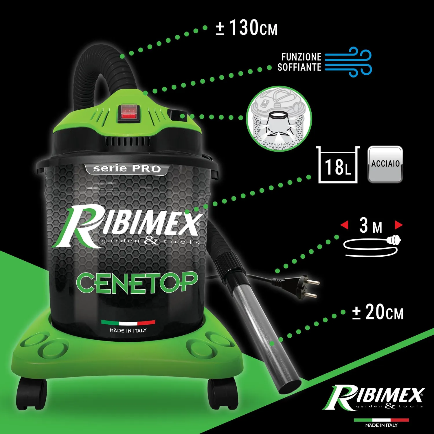 Ribimex Cenetop Pro aspiracenere 18 L 1200W soffiante