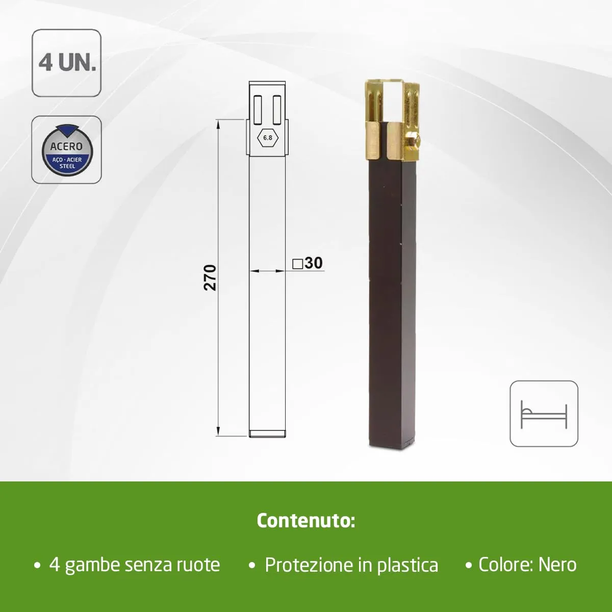 Amig set 4 gambe letto acciaio nere 270 mm