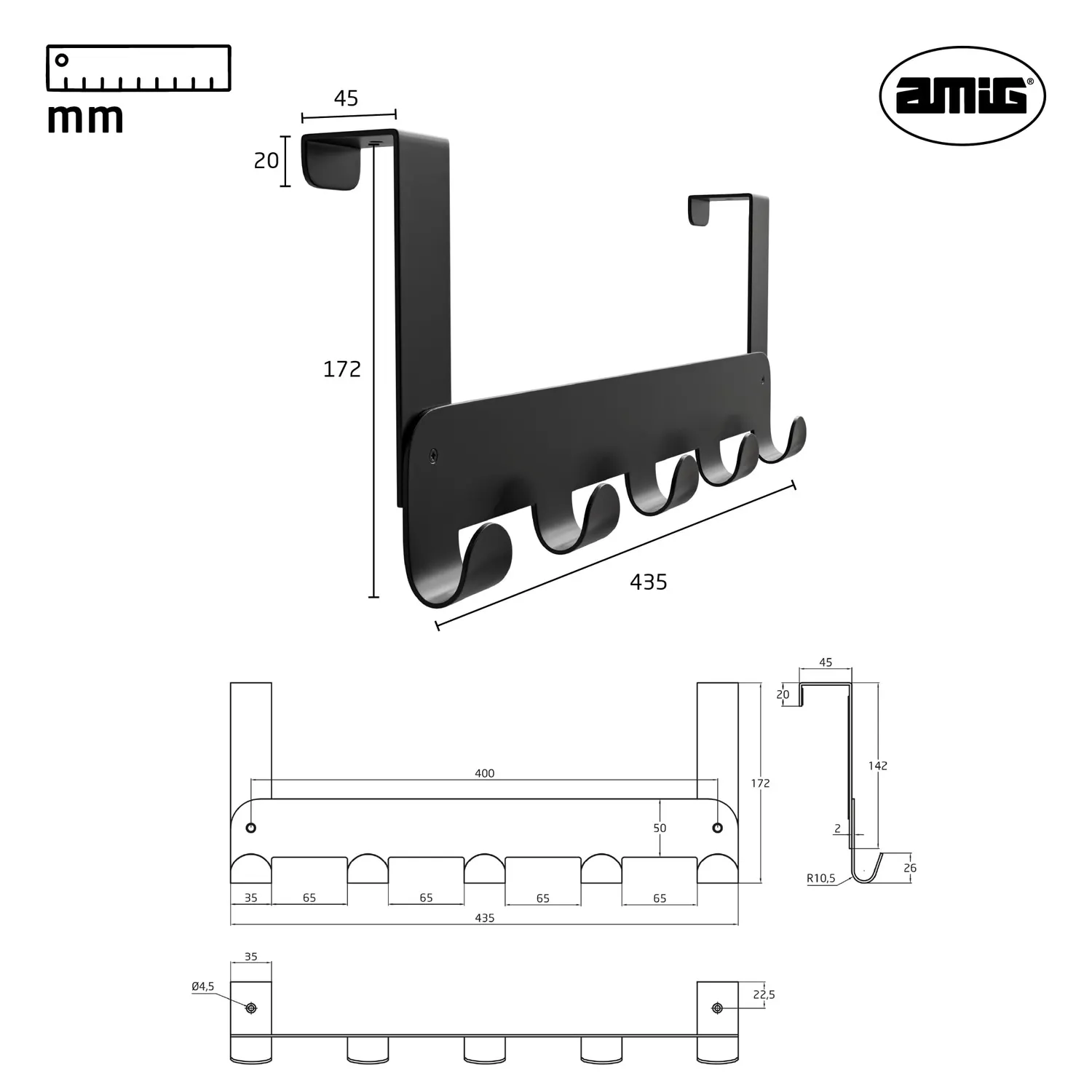 Amig CP42 Appendino Porta Nero Opaco Acciaio 435 mm