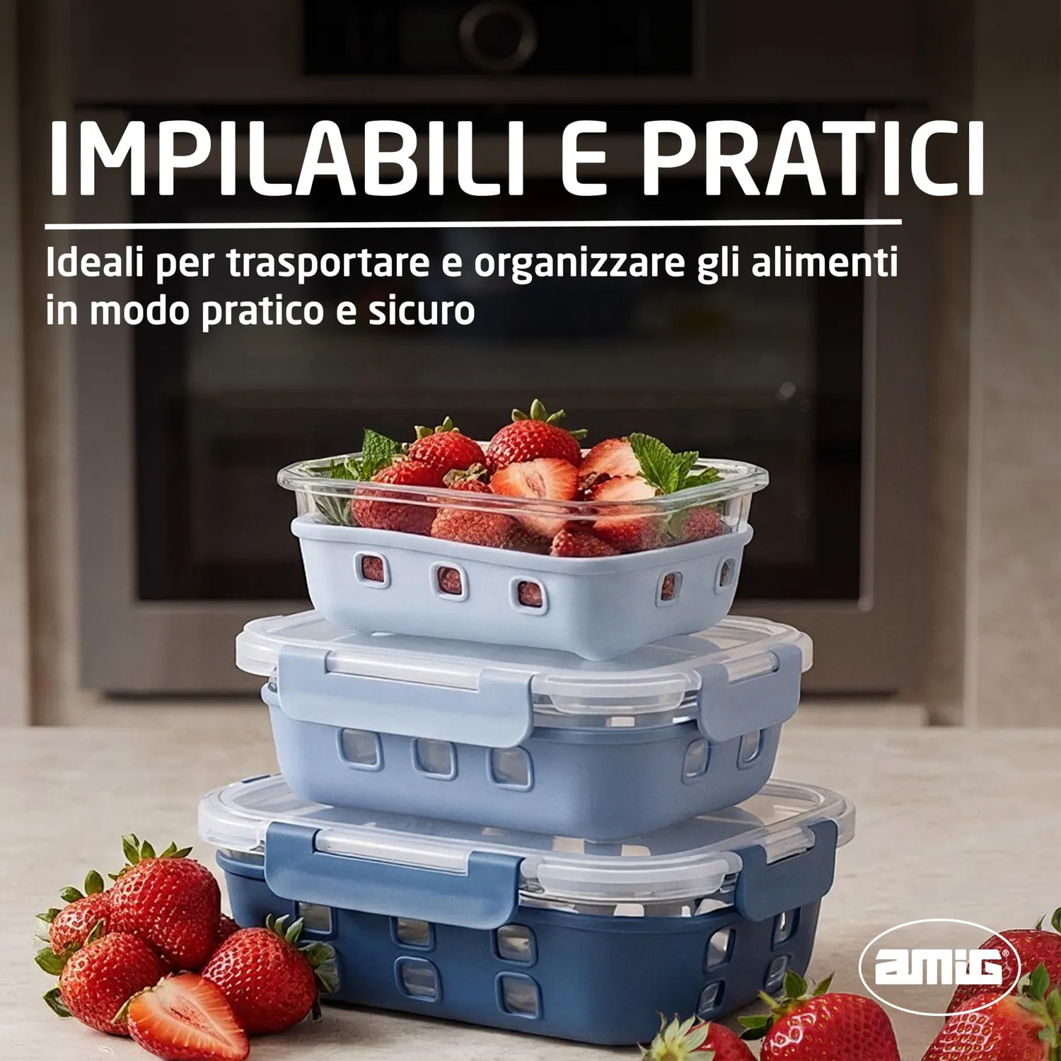 Amig 800 Set 3 Contenitori Vetro Ermetici 370-1050 ml