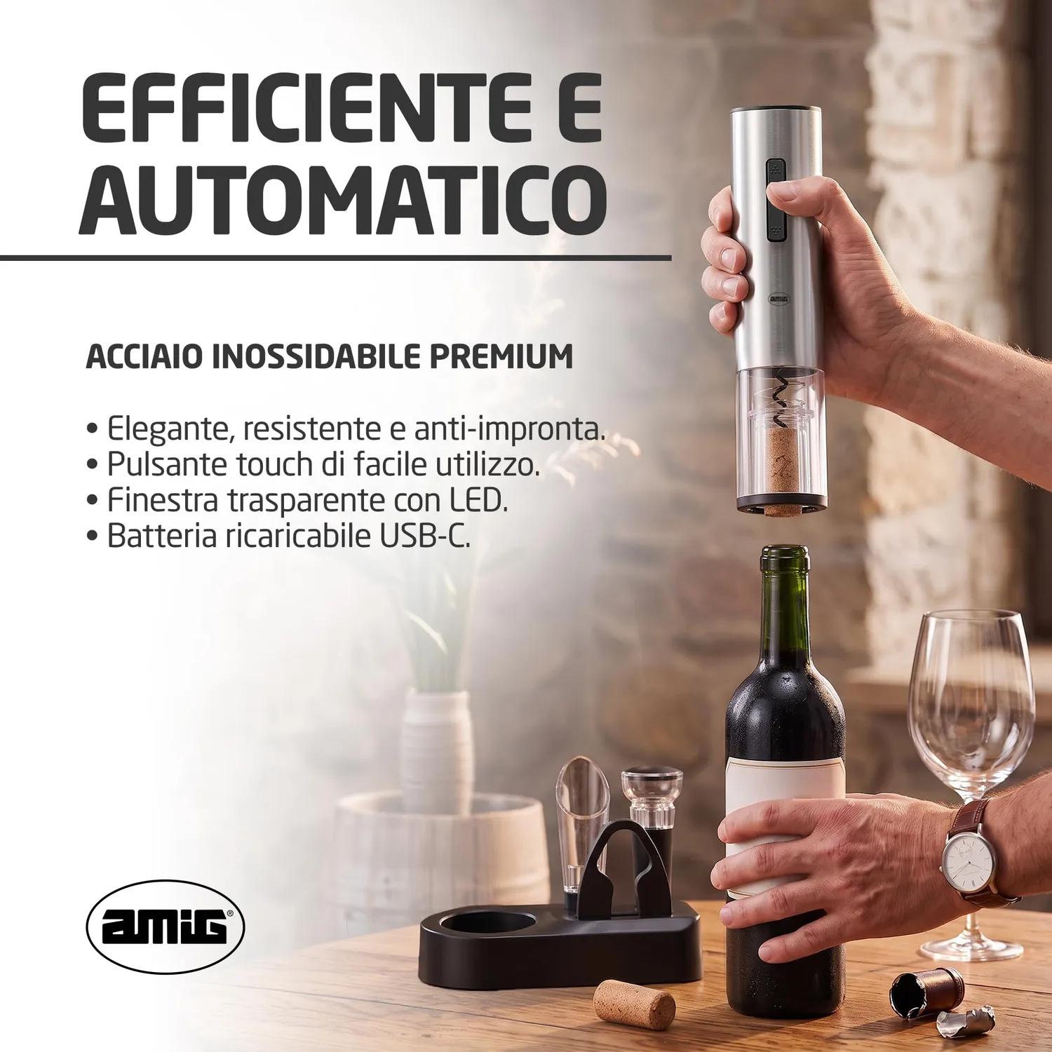 Amig Set Cavatappi Elettrico Ricaricabile Tipo C