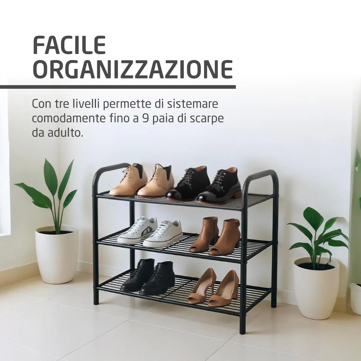 Amig scarpiera metallo 3 ripiani 9 paia 65x25 cm nera