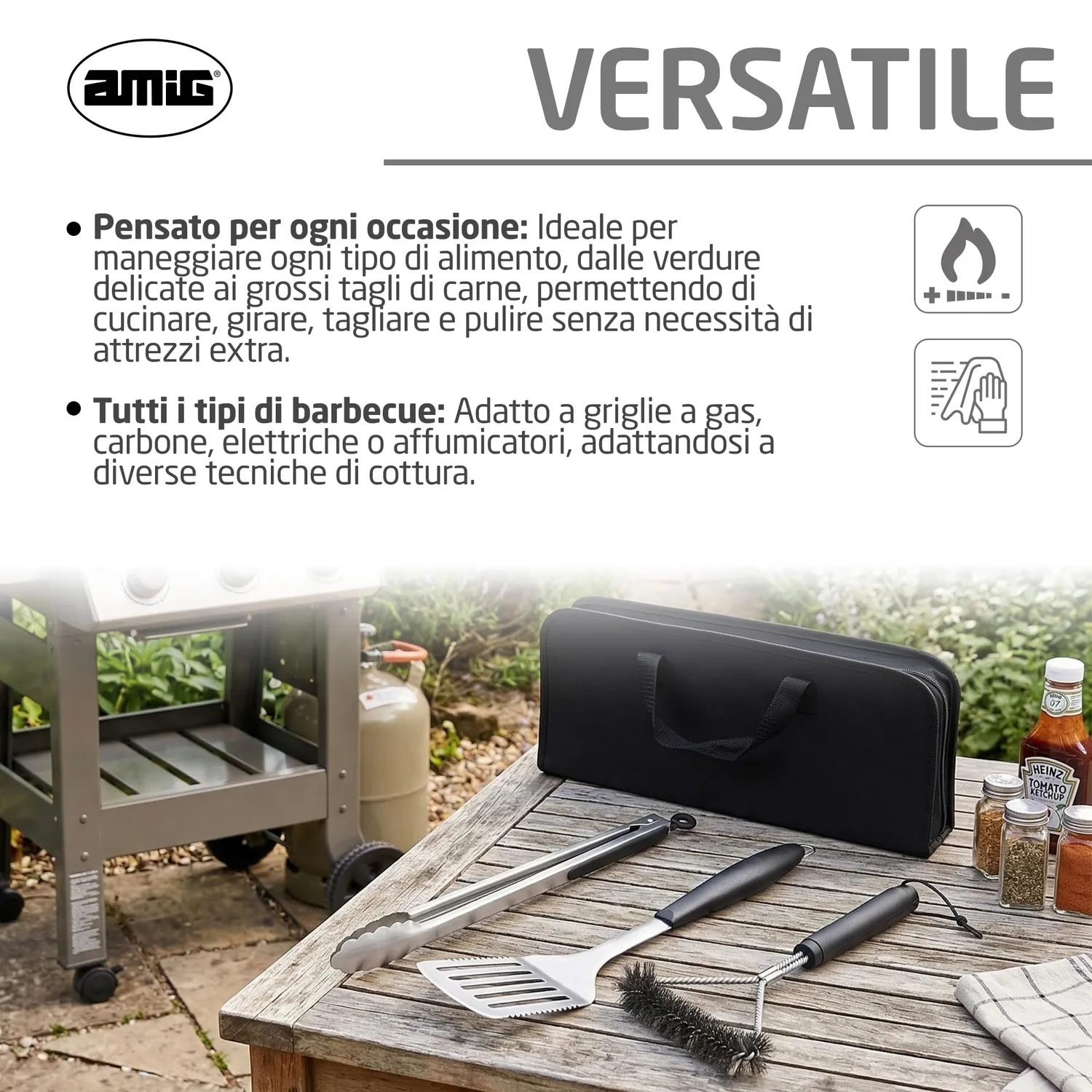 Amig AM02 Kit 3 Accessori Barbecue Inox Custodia