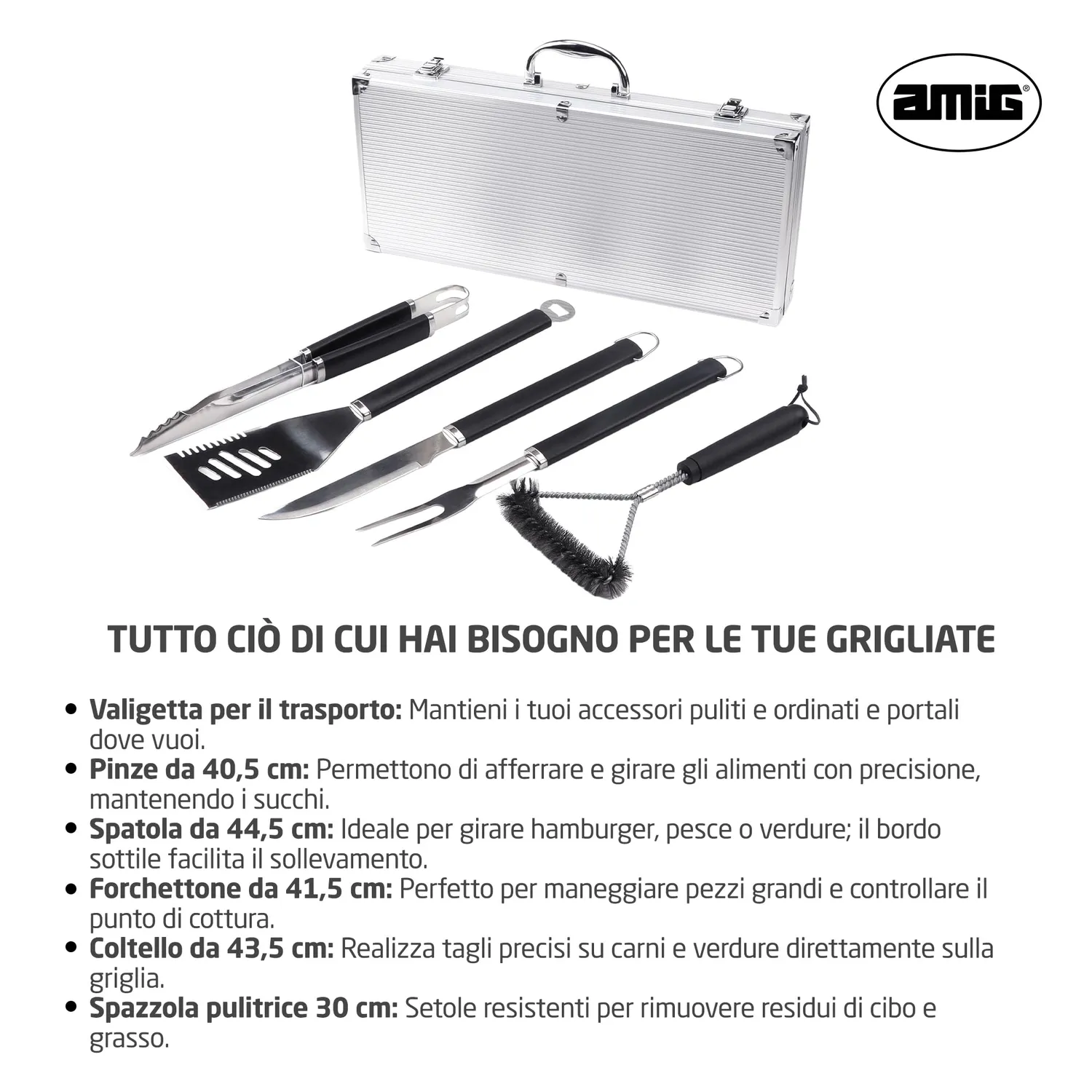 Amig AM01 set utensili barbecue 5 pezzi acciaio inox