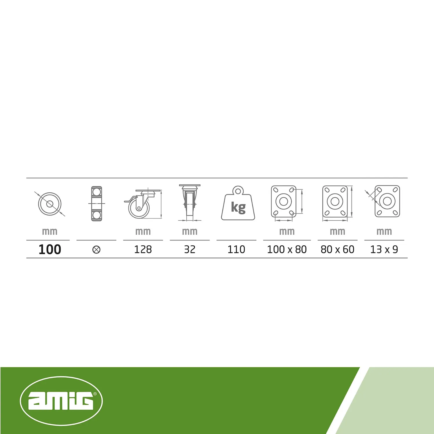 Amig Set 4 Ruote con Freno Piastra 100 mm 110 Kg Gomma