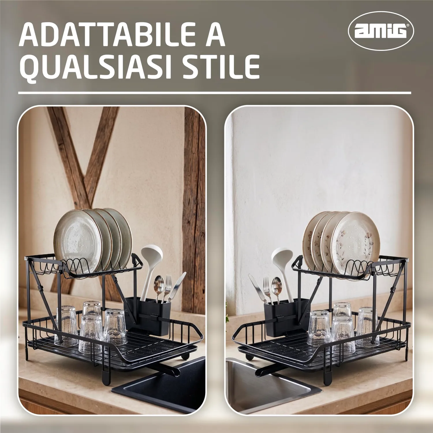 Amig Torn Scolapiatti Pieghevole 2 Piani Nero 44x32 cm