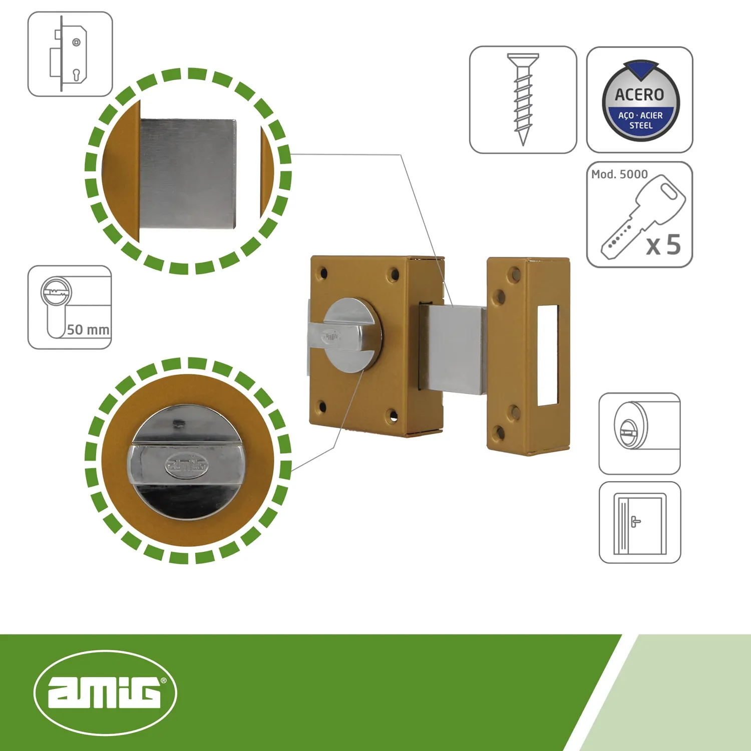 Amig 85 Serratura sovrapposizione oro 85x65 mm