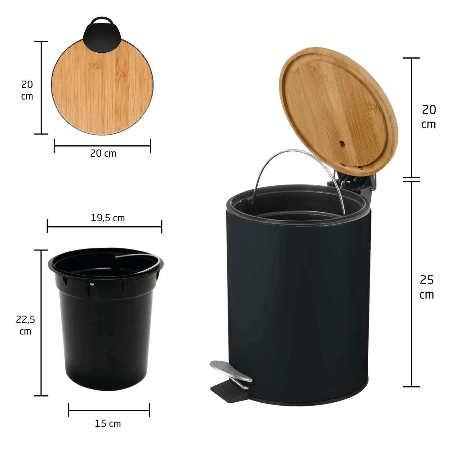 Amig Naturline Pattumiera Bagno 5 L Nera Pedale Bambu