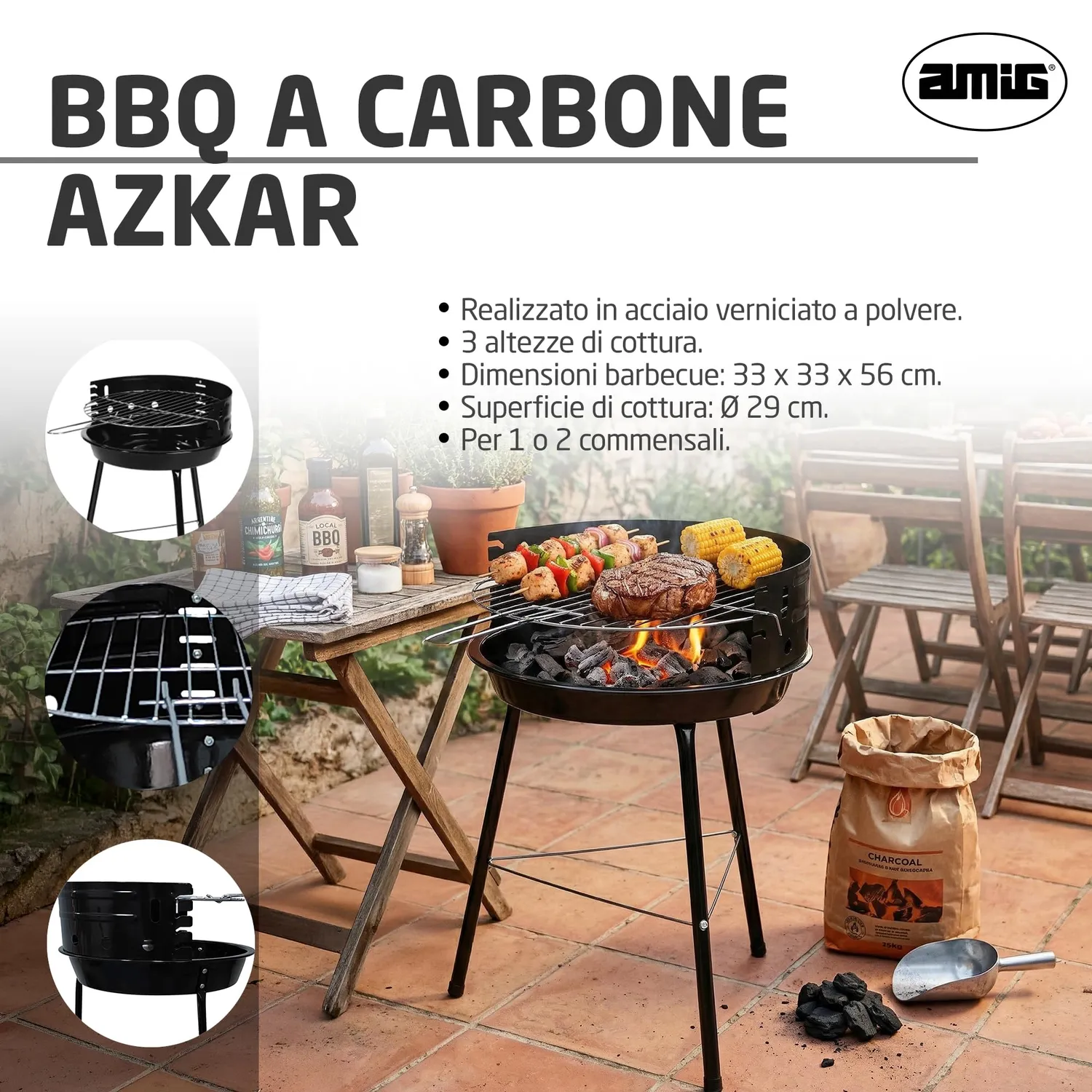 Amig Azkar barbecue a carbone nero 33x35x56 cm