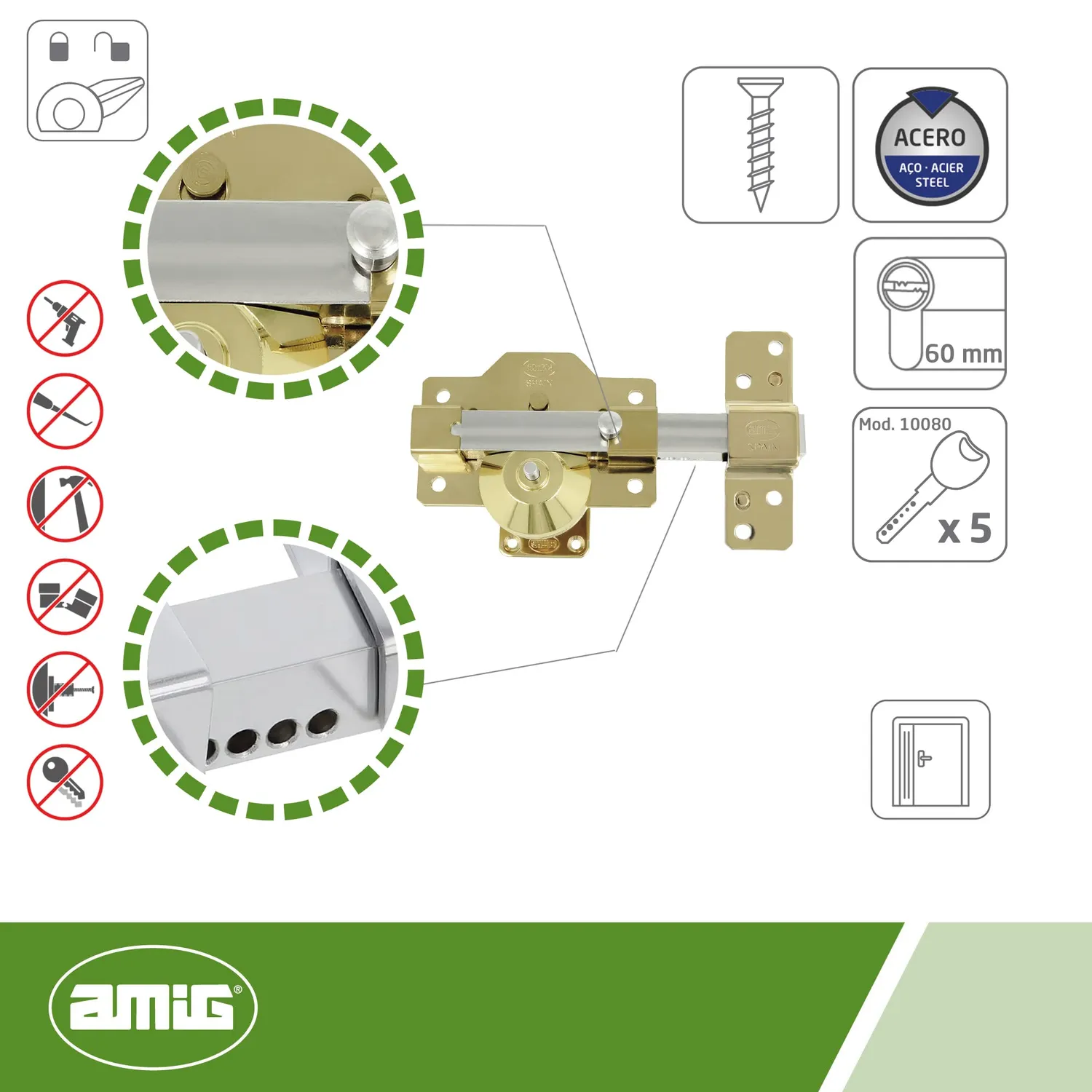 Amig 8 Plus serratura sovrapposizione oro 90x154 mm