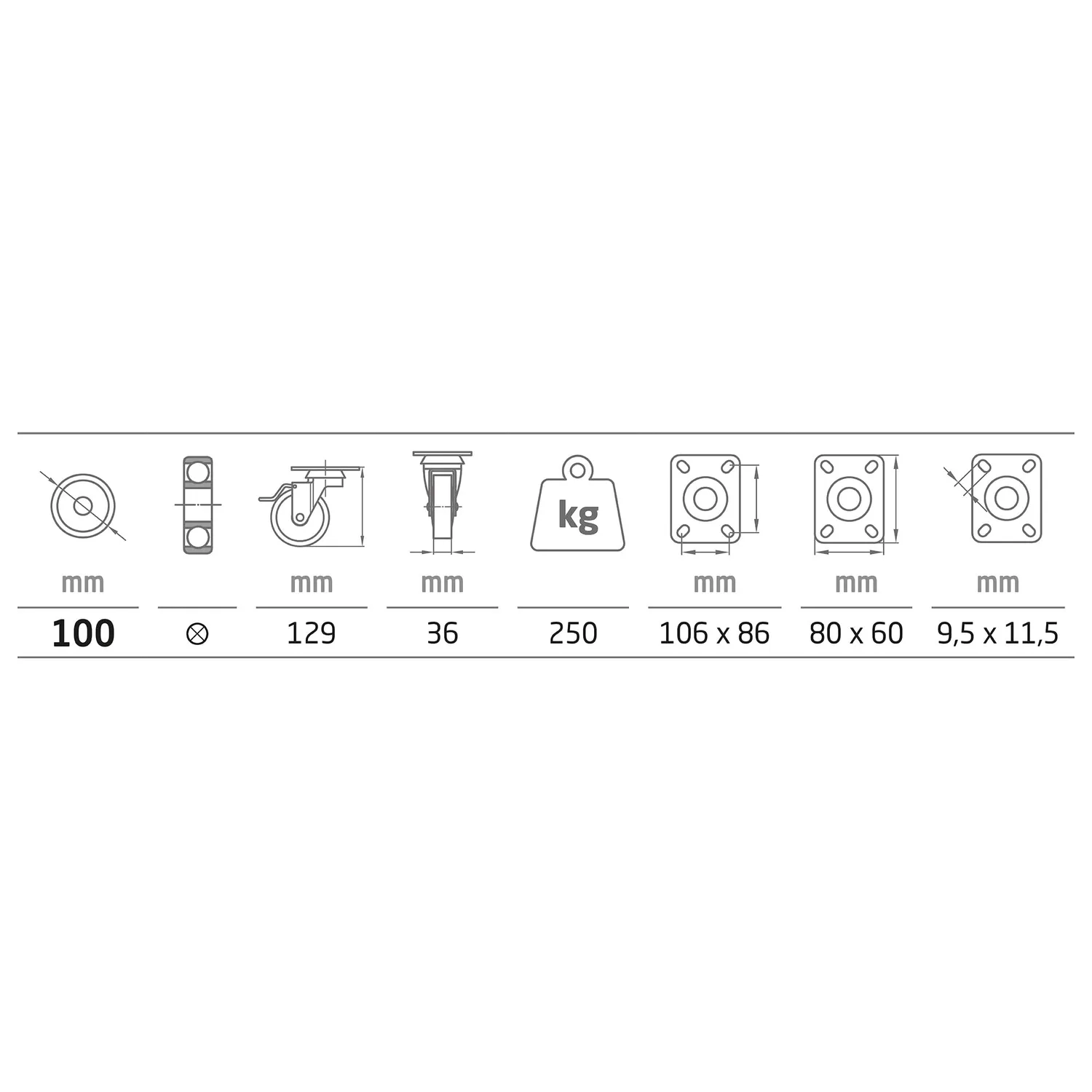 Amig Set 4 Ruote Ø 100 piastra con freno blu 250 kg