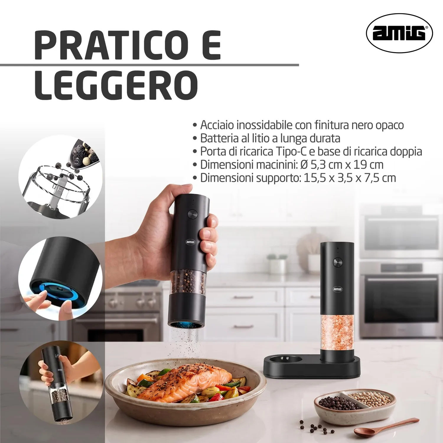 Amig set 2 macinini elettrici Maxi neri USB-C sale pepe