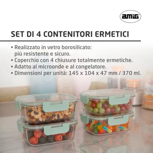 Amig set 4 contenitori vetro ermetici 370 ml verde