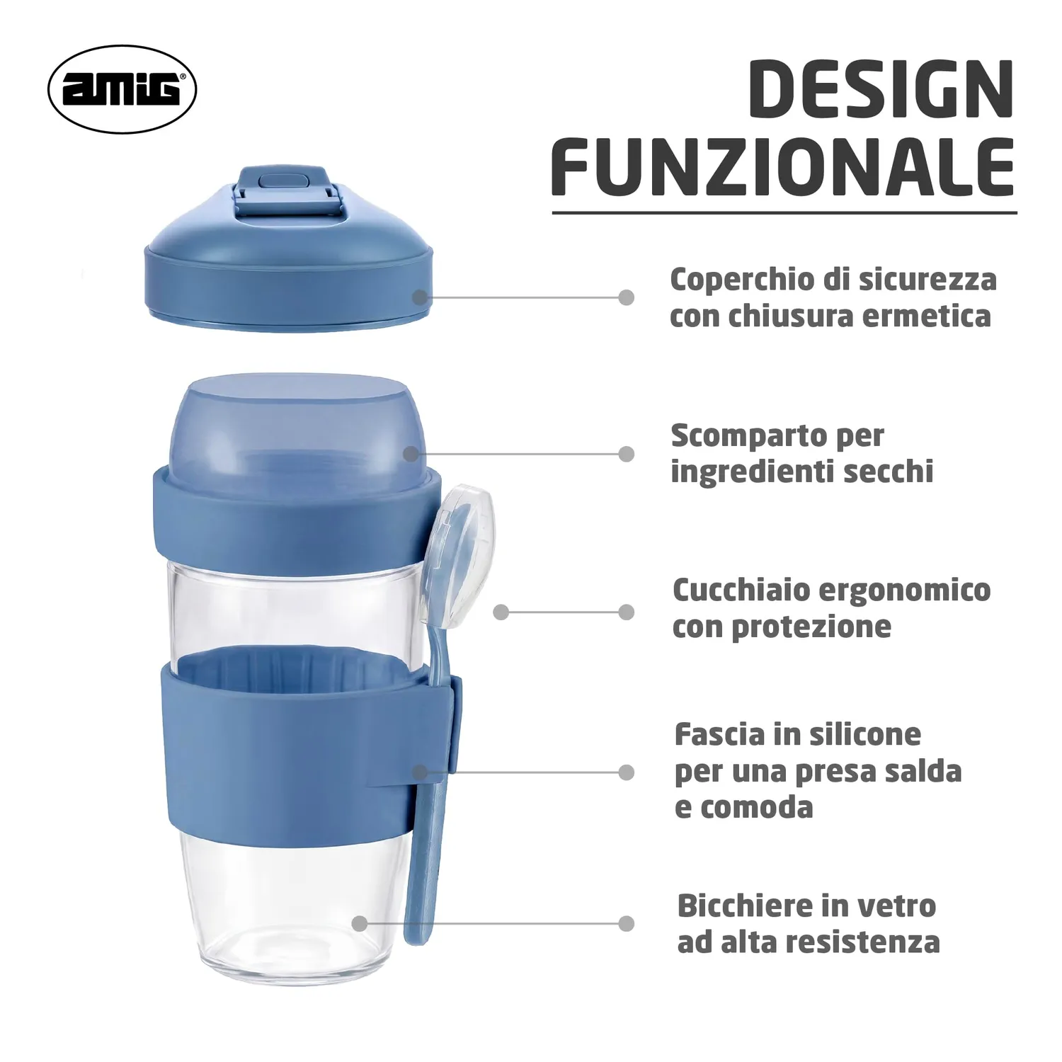 Amig Mod.1 bicchiere yogurt vetro 480 ml con vaschetta cereali