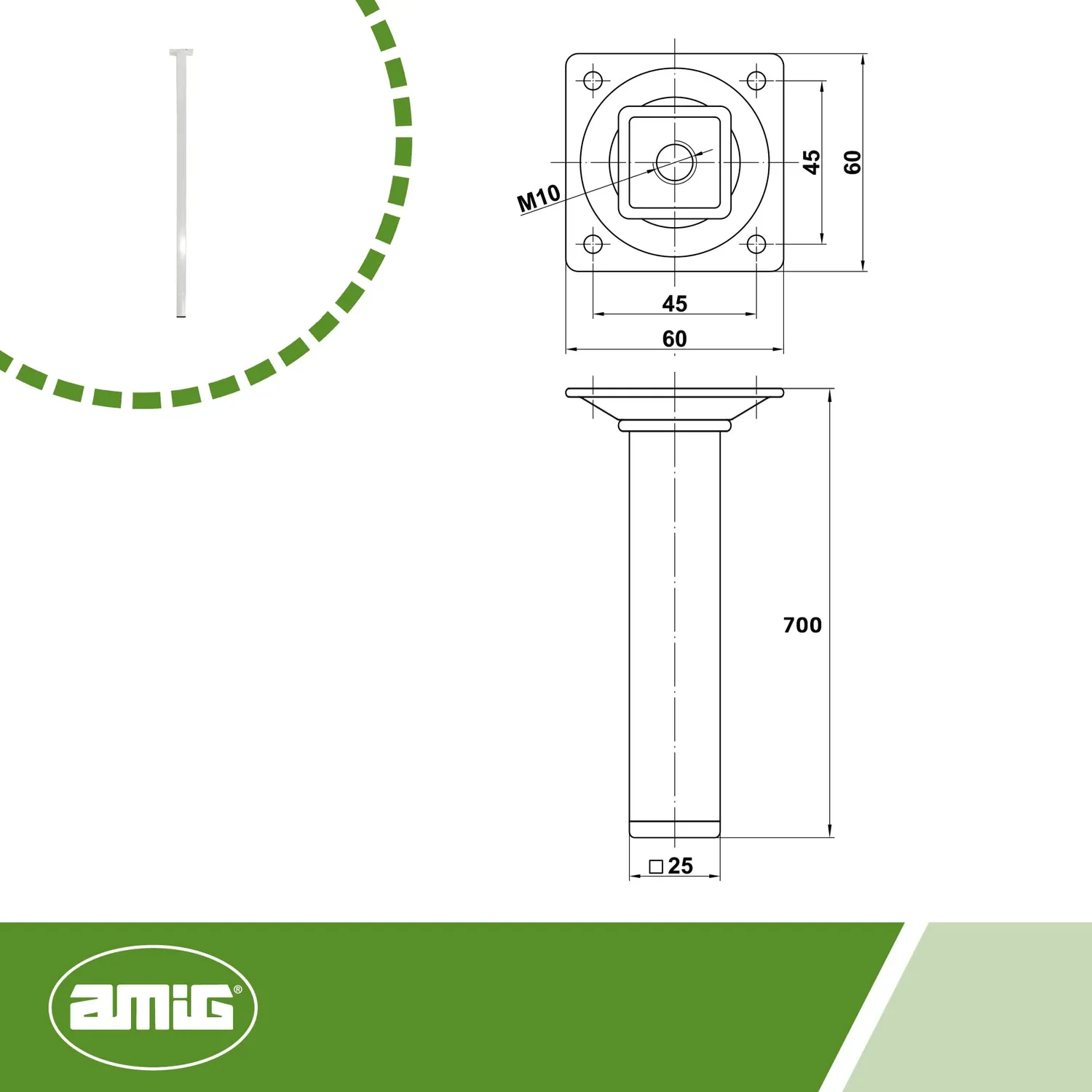 Amig Mod. 3 Gamba Tavolo 25x25x600 mm Acciaio Bianco