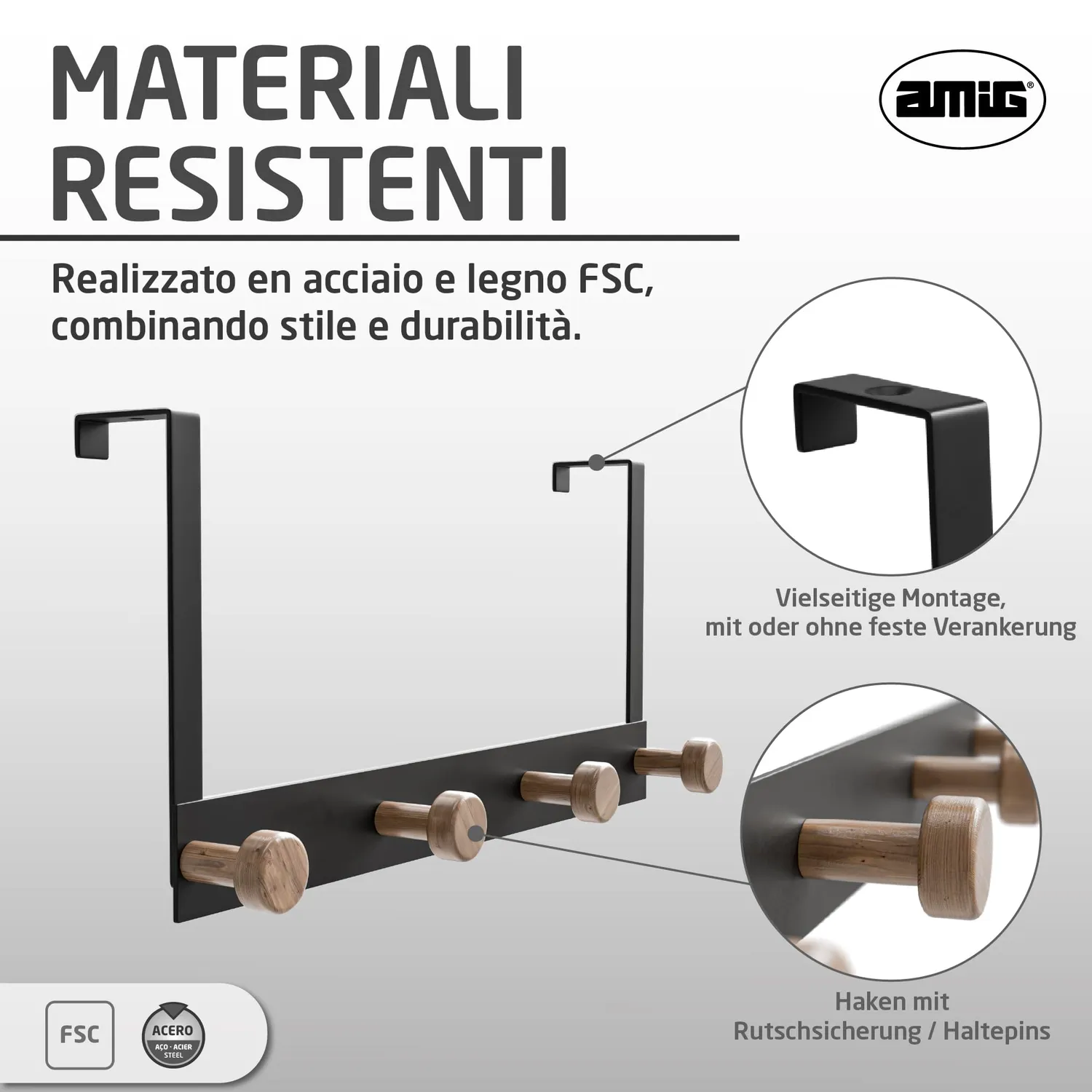 Amig CP47 appendiabiti per porta nero acciaio e legno