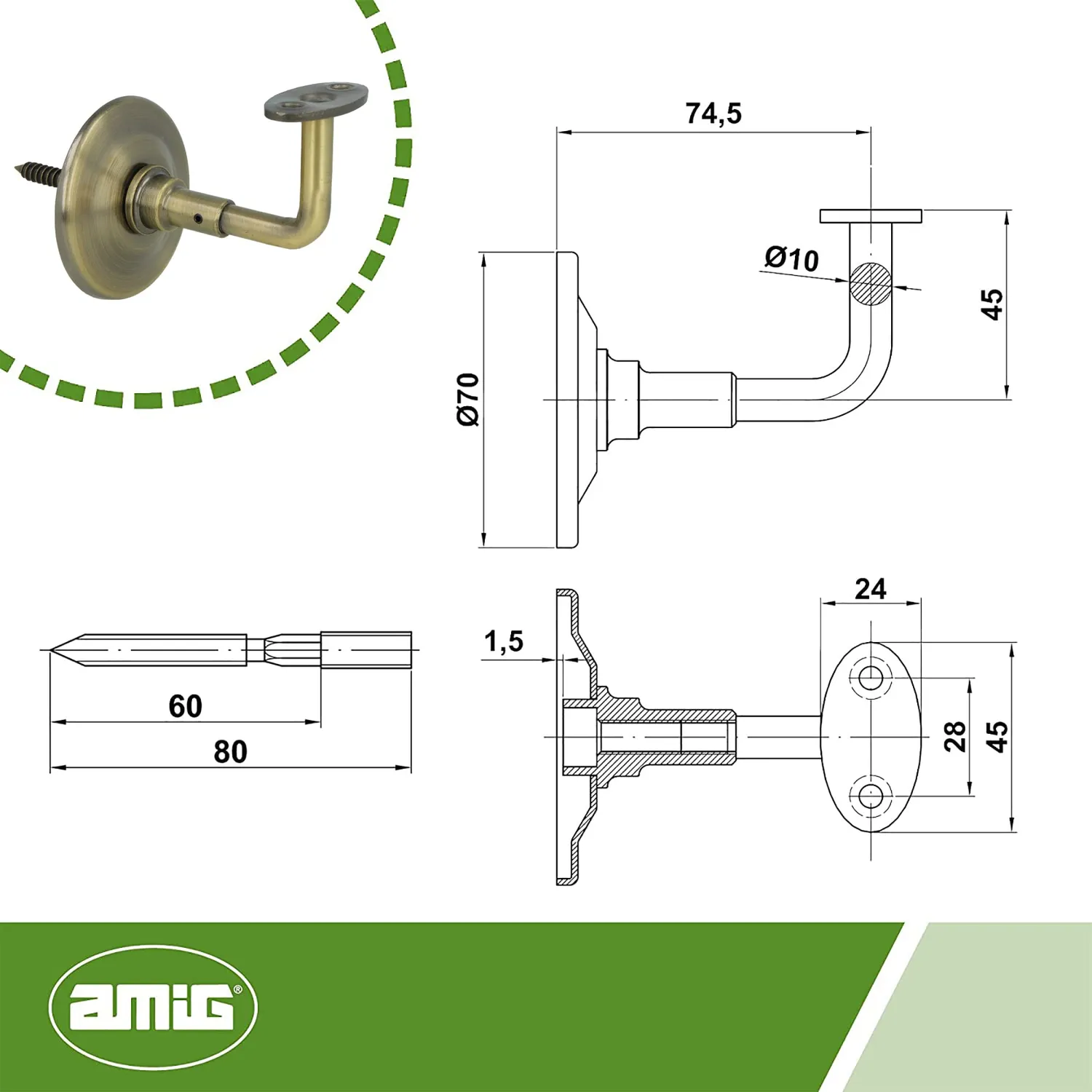 Amig supporto corrimano acciaio cuoio 70 mm antiruggine