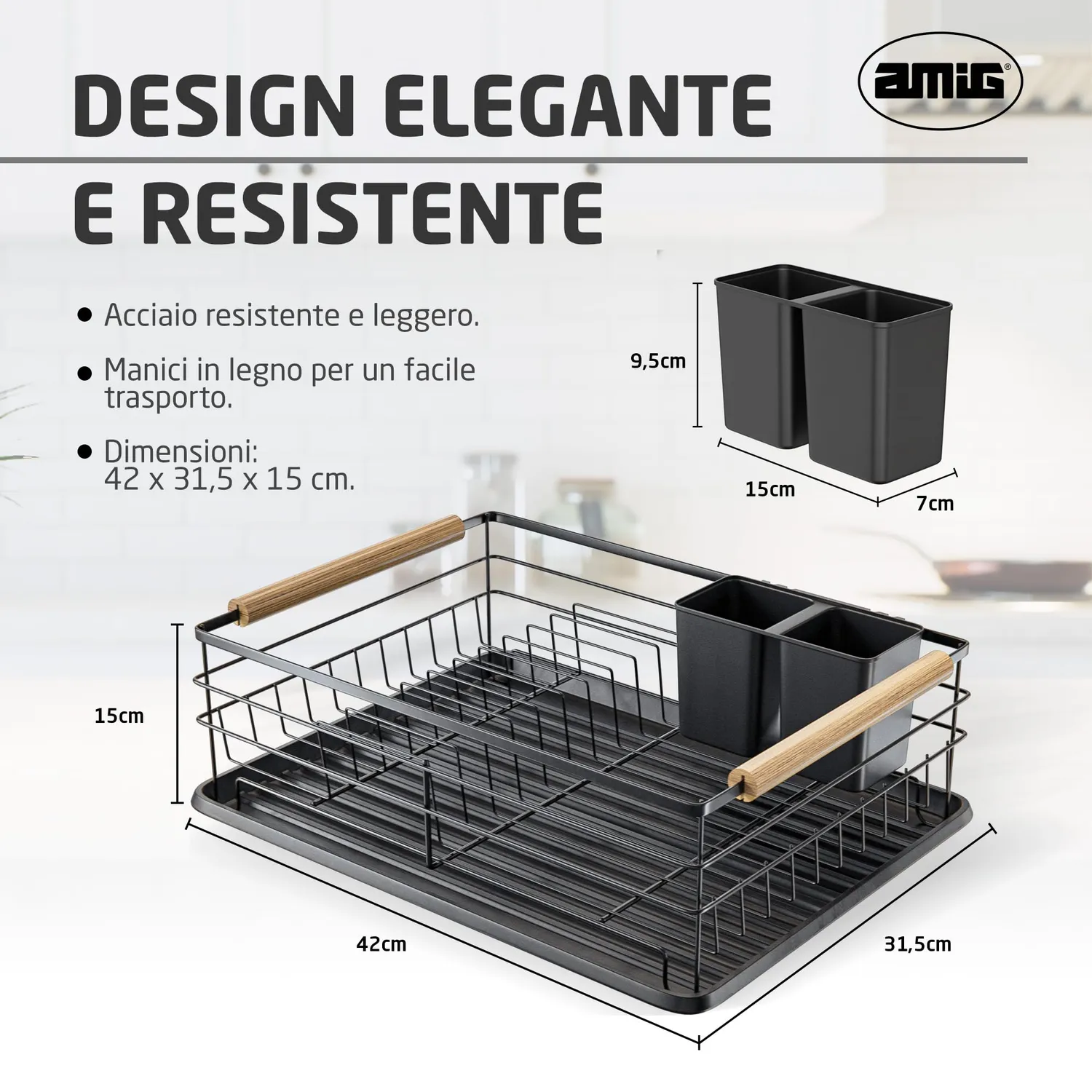 Amig Graz II scolapiatti nero acciaio 42x31,5x15 cm