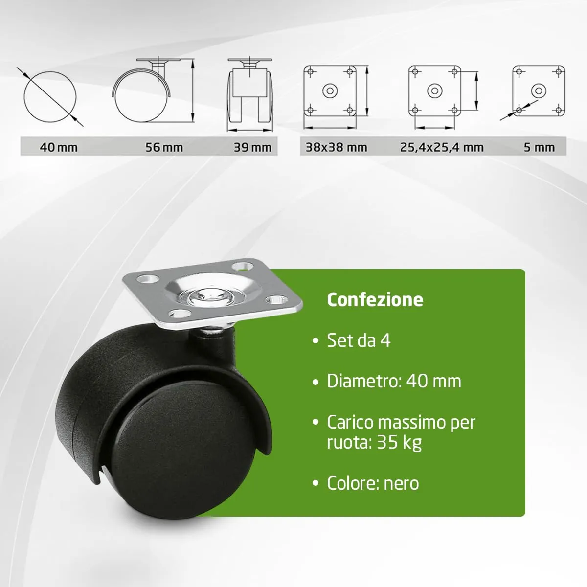 Amig ruote per mobili 40 mm set 4 pezzi senza freno