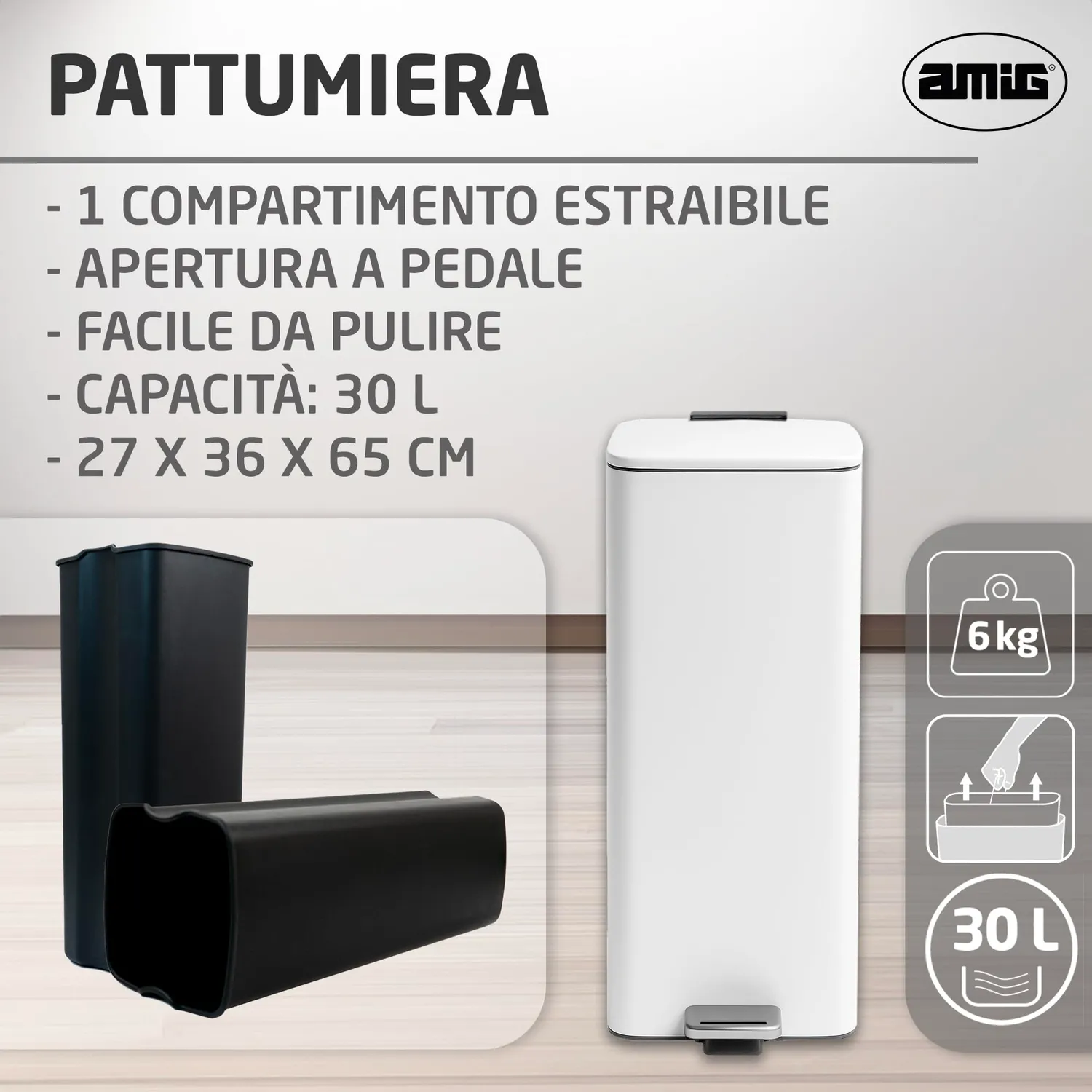 Amig Artvin pattumiera a pedale 30 litri bianca ermetica