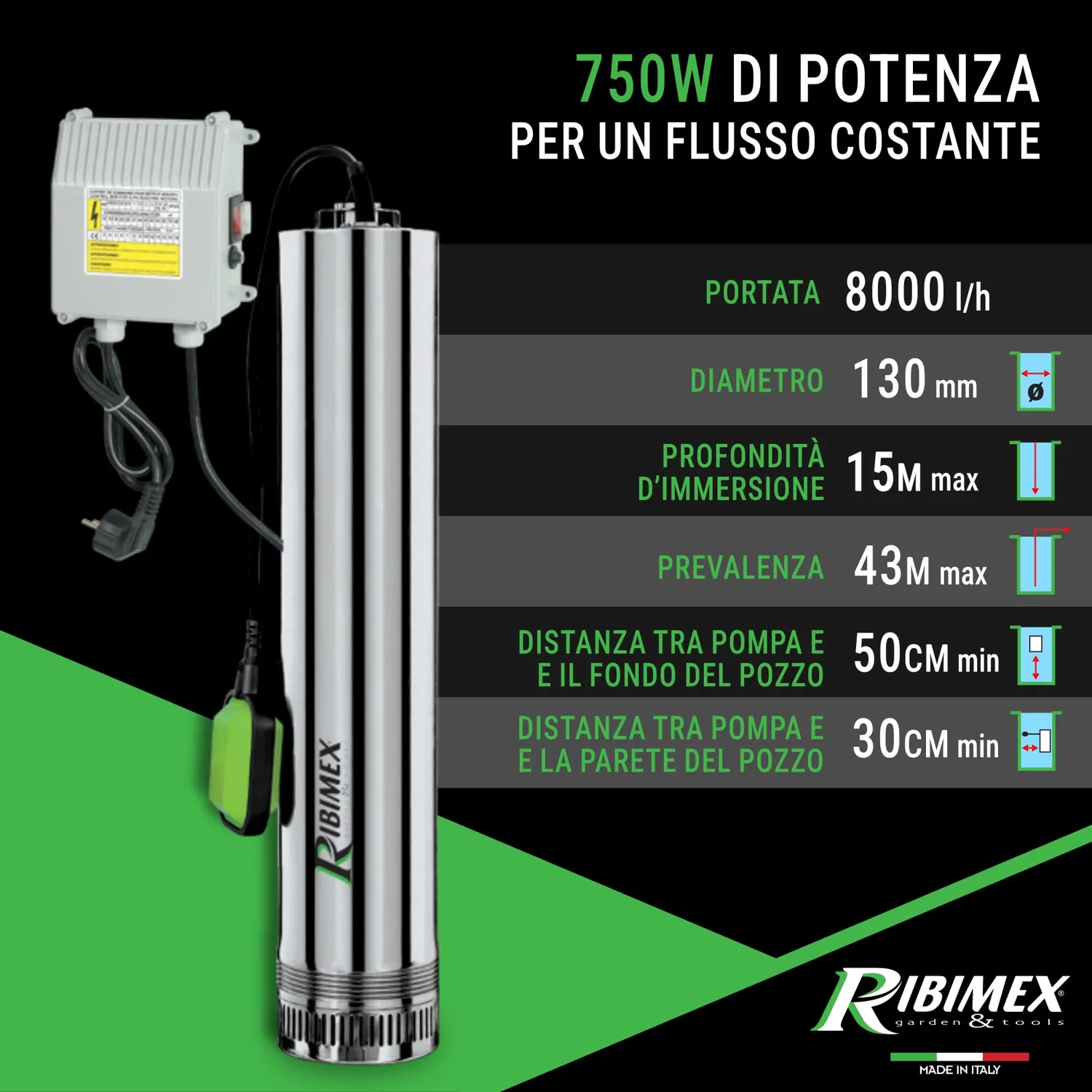 Ribimex Pompa sommersa 750 W 8000 L/h per pozzi