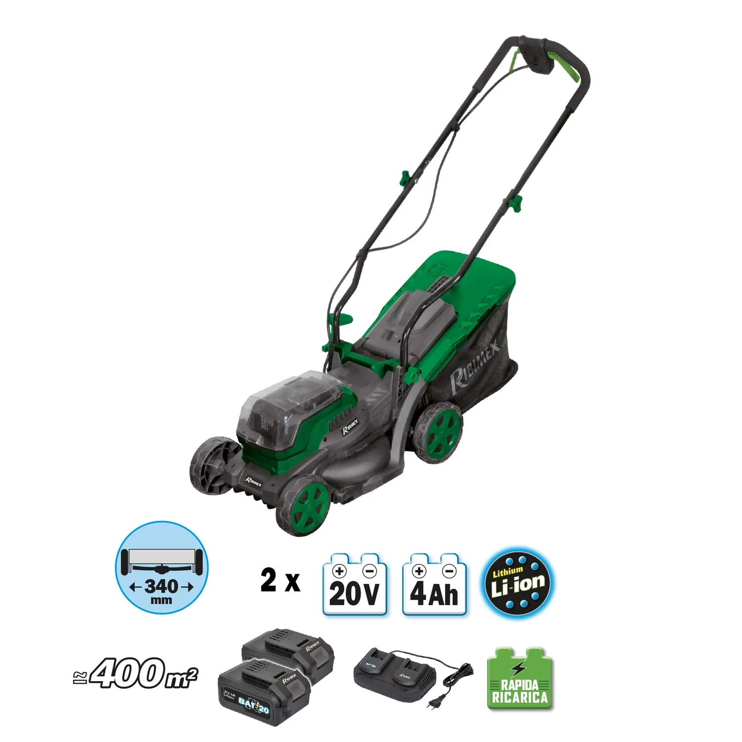 Ribimex PRBAT20/TON33 Rasaerba Batteria 20V con 2 Batterie