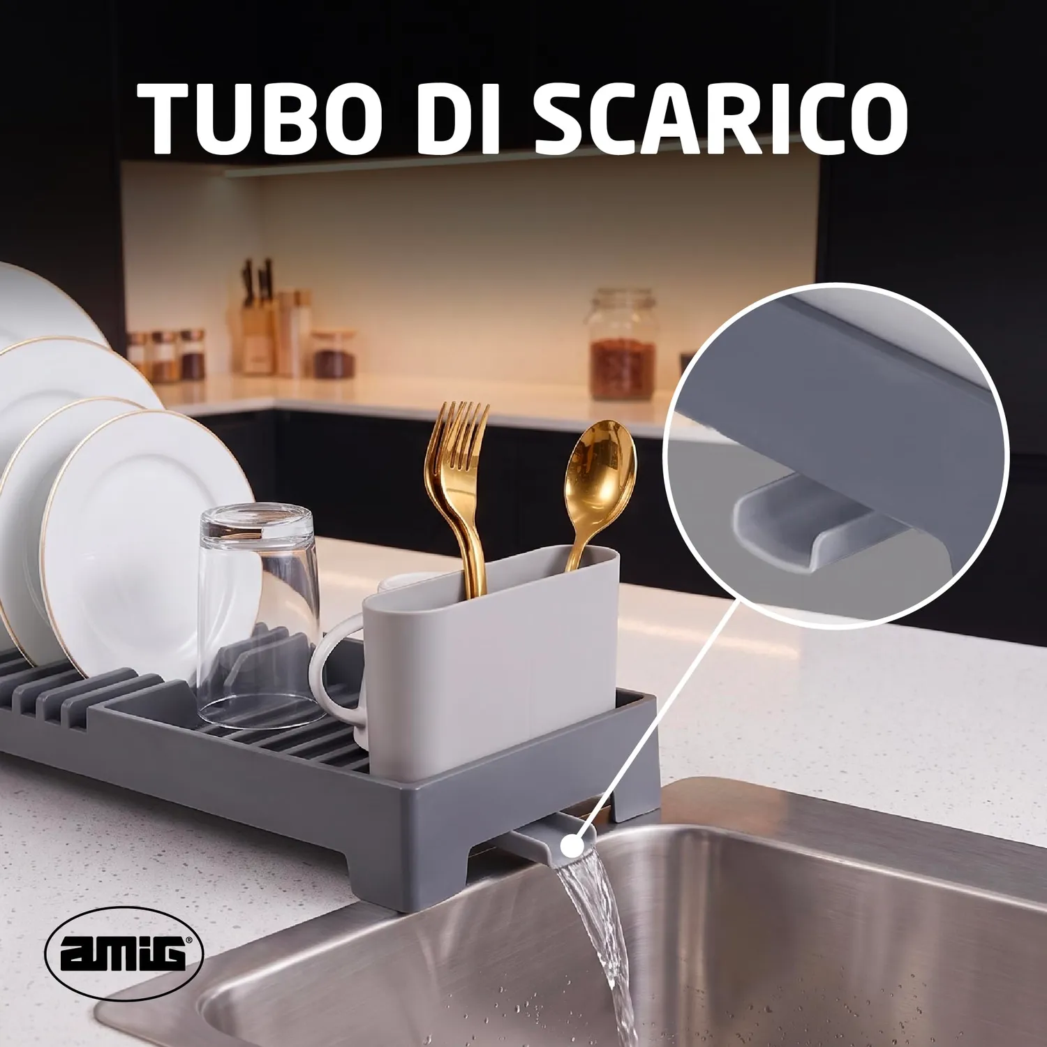 Amig Easy scolapiatti con scarico grigio 46 cm
