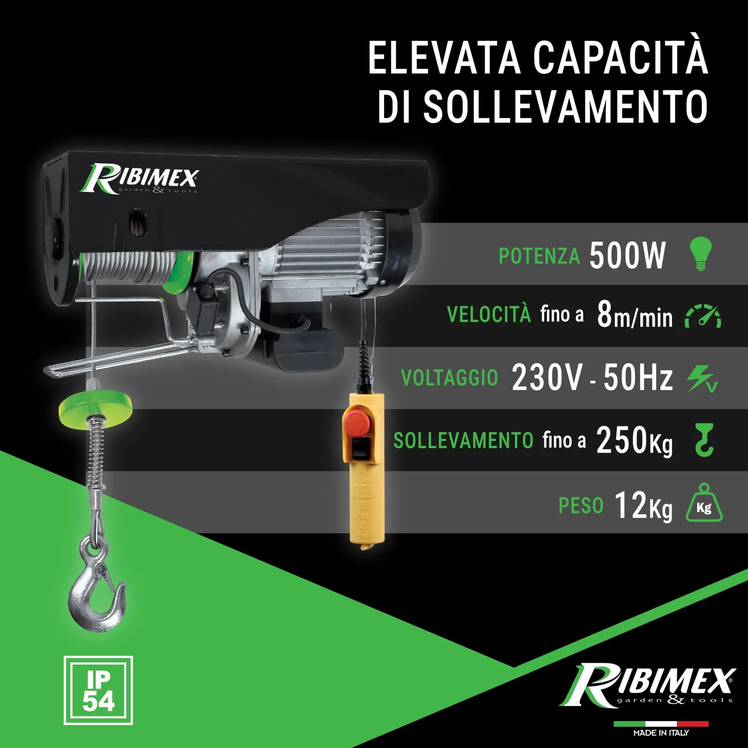 Ribimex PE125/250C/1 paranco elettrico 125/250 kg cavo 18 m