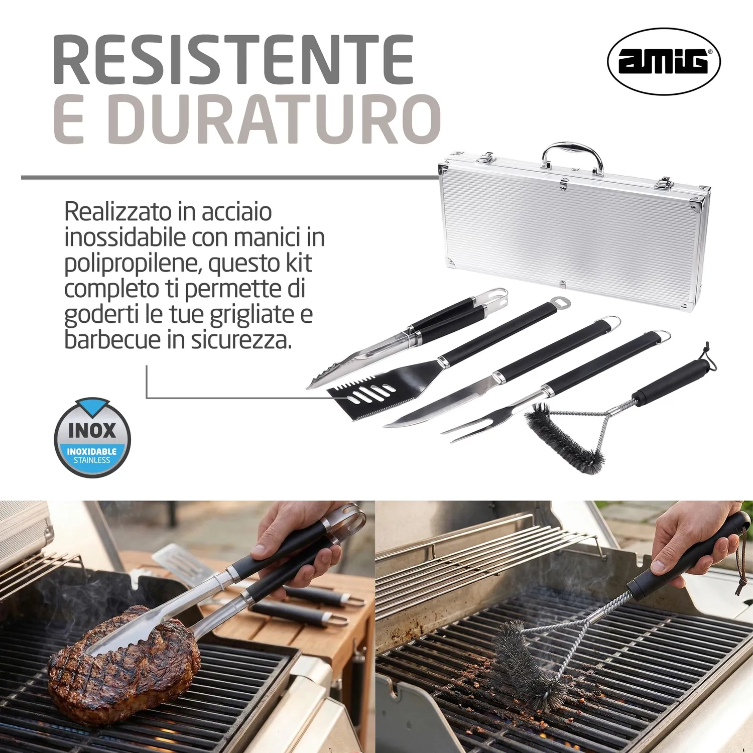 Amig AM01 set utensili barbecue 5 pezzi acciaio inox