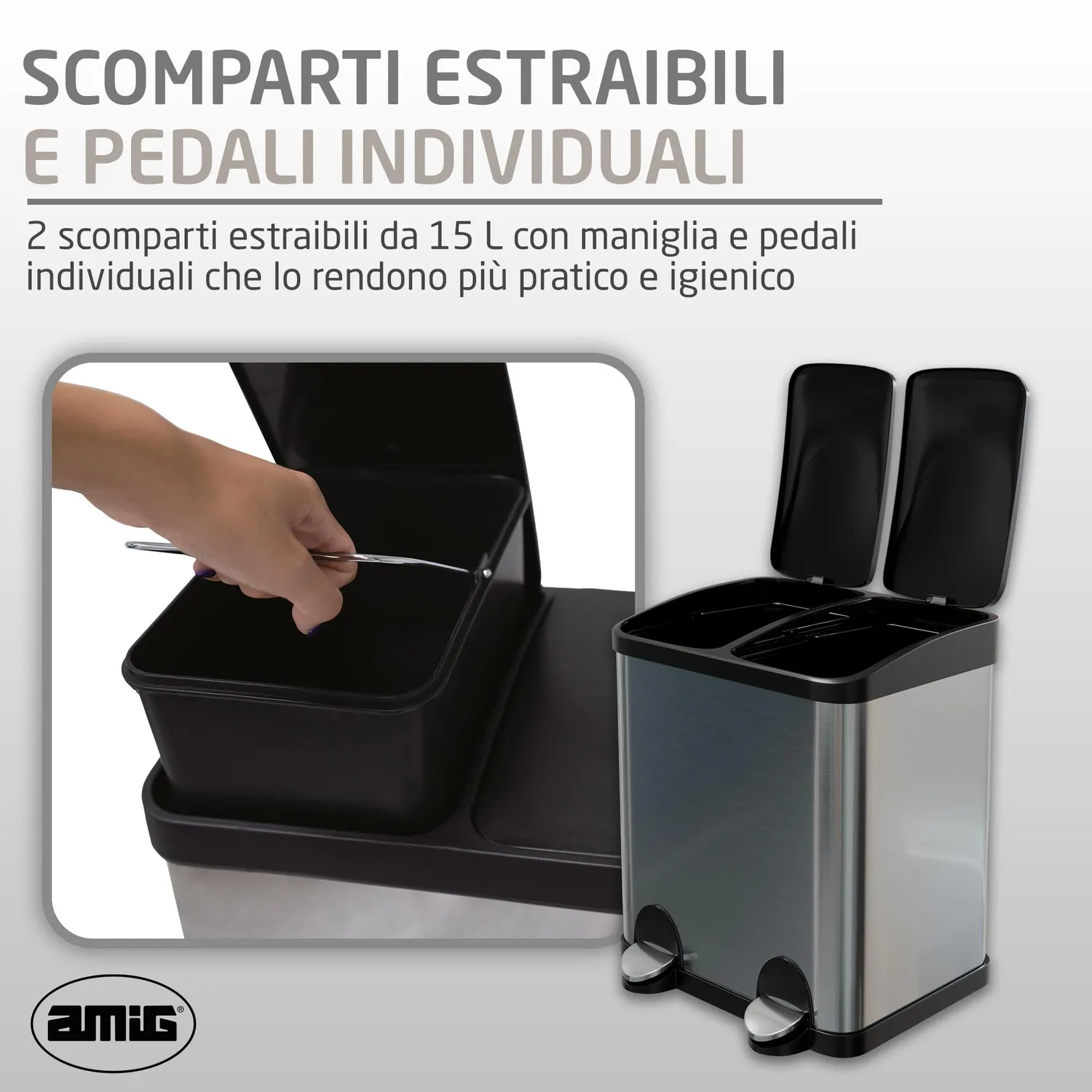Amig Recik2 Pattumiera Doppia Pedale 2x15 L Inox Anti-impronta
