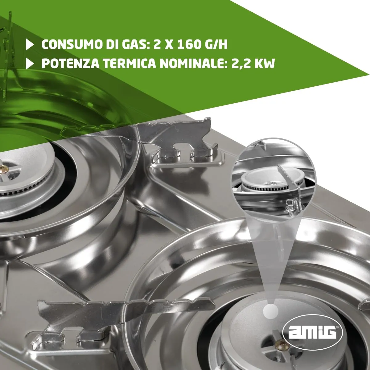 Amig CAMP02 fornello campeggio 2 fuochi con piastra 2x2,2 kW