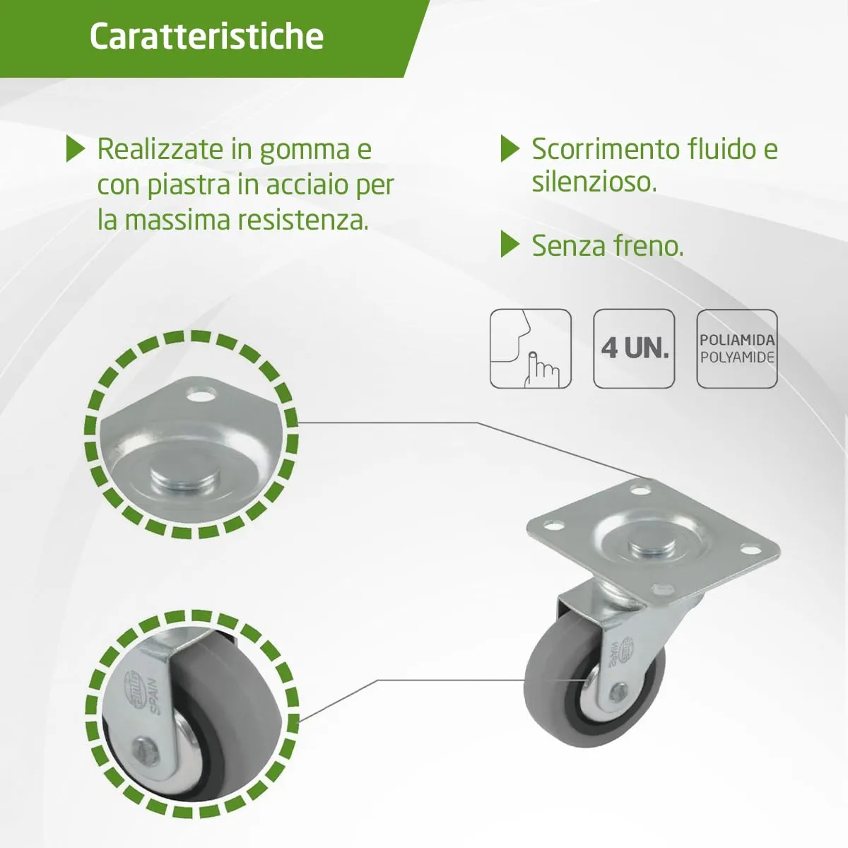 Amig Ruote Mobili Gomma Ø60mm Set 4pz 35kg Senza Freno