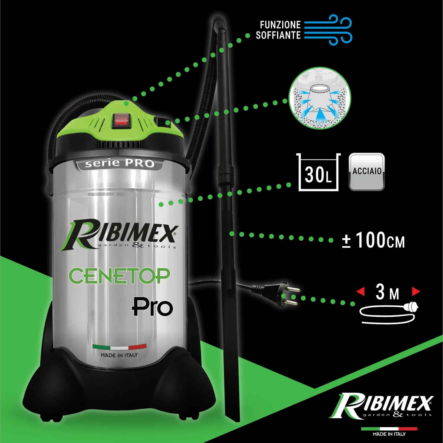 Ribimex Cenetop PRO aspiracenere elettrico 30 L 1200W HEPA
