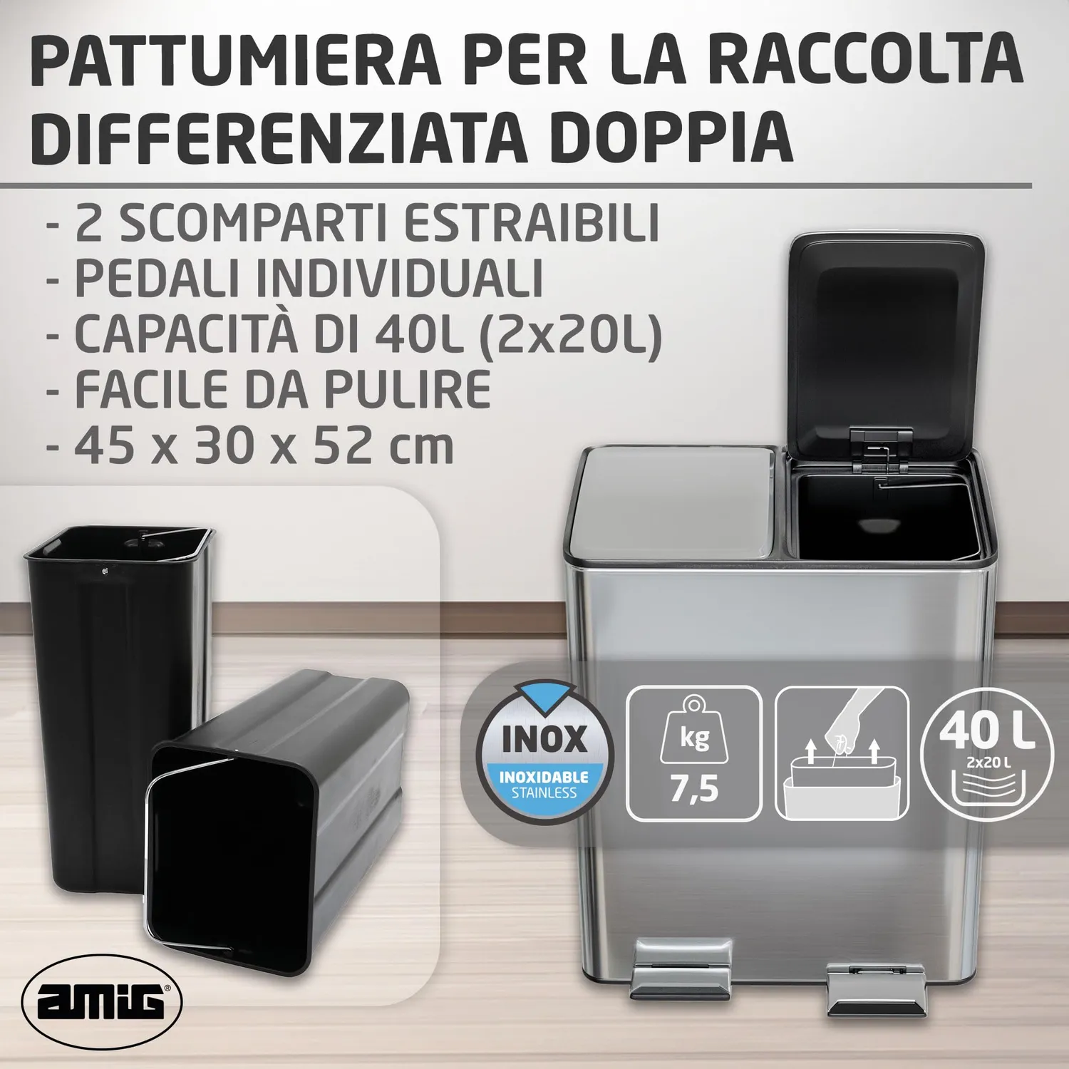 Amig Recik Evo pattumiera doppia 40 L inox 2x20 L con pedali