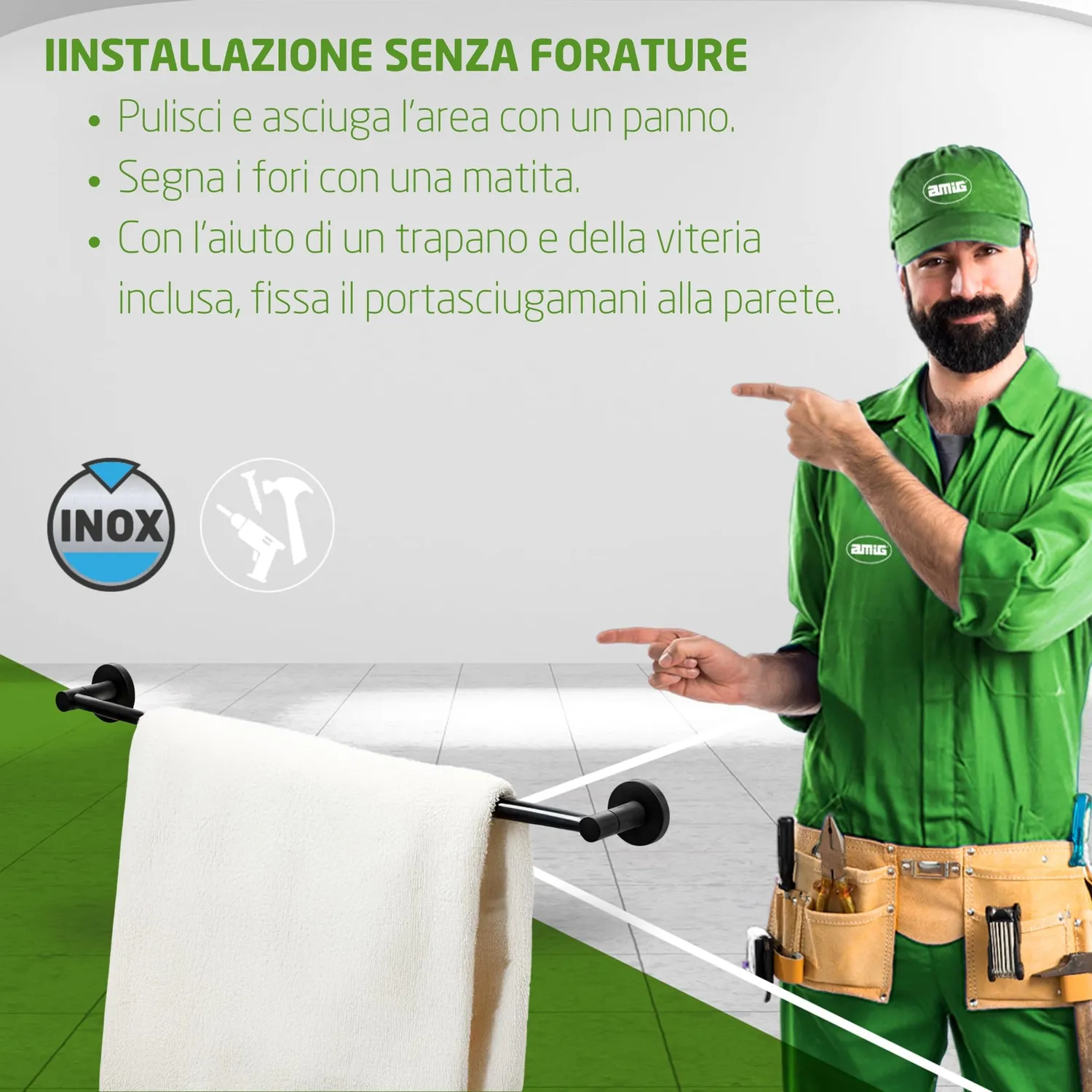 Amig Gorliz-2 portasciugamani bagno nero opaco 50 cm