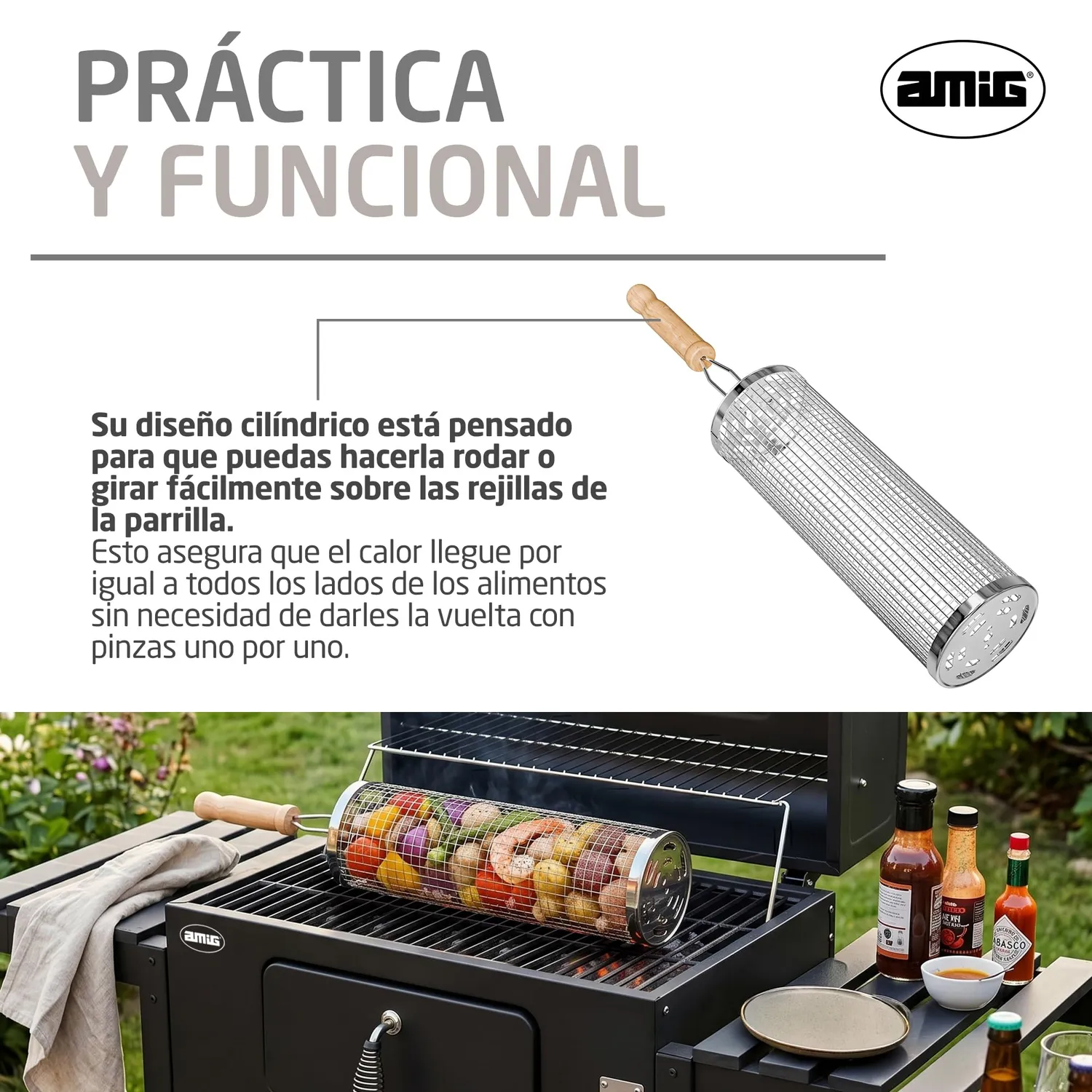 Amig AM28 cesta barbecue rotonda 30 cm inox manico legno