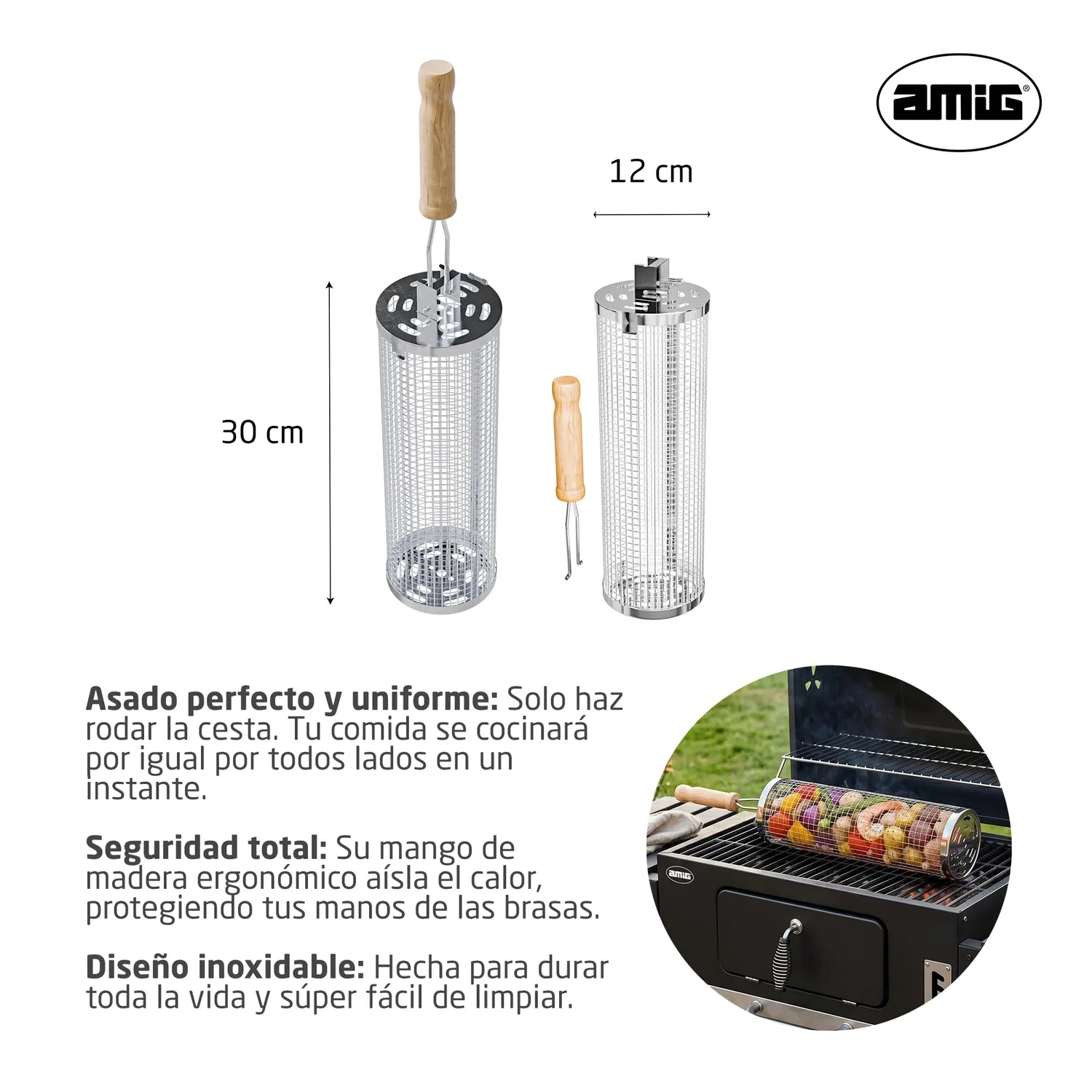 Amig AM28 cesta barbecue rotonda 30 cm inox manico legno