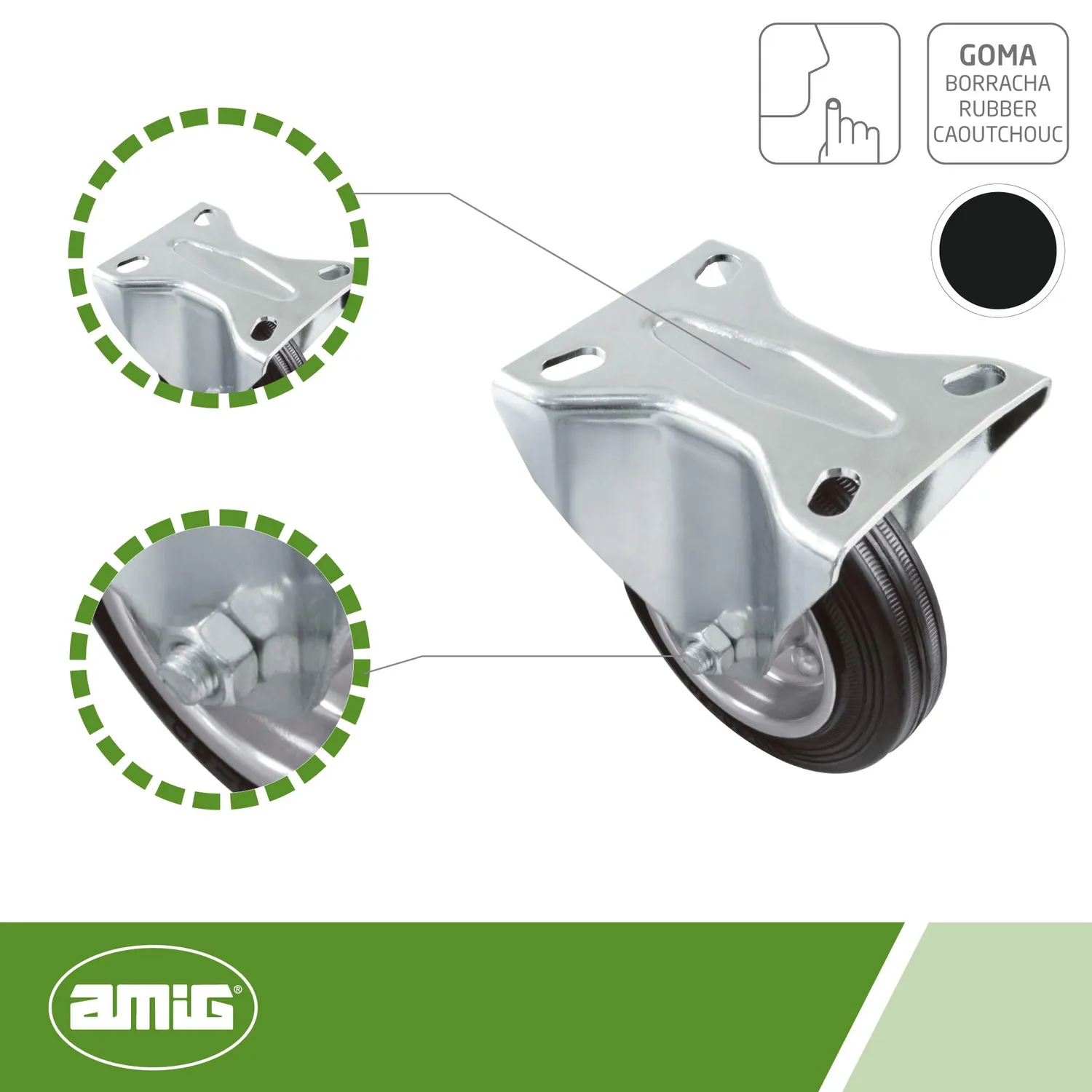 Amig Set 4 Ruote Fisse 80 mm Gomma 70 Kg Nere