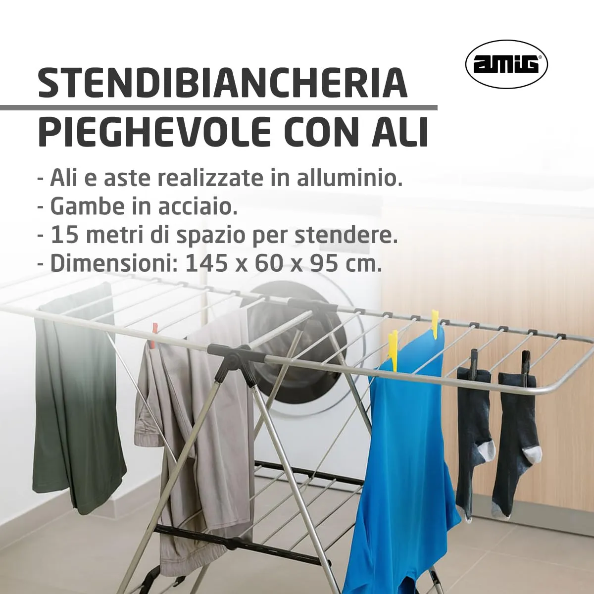 Amig Aeria UrbanDry Stendibiancheria 15 m Argento Nero 145 cm