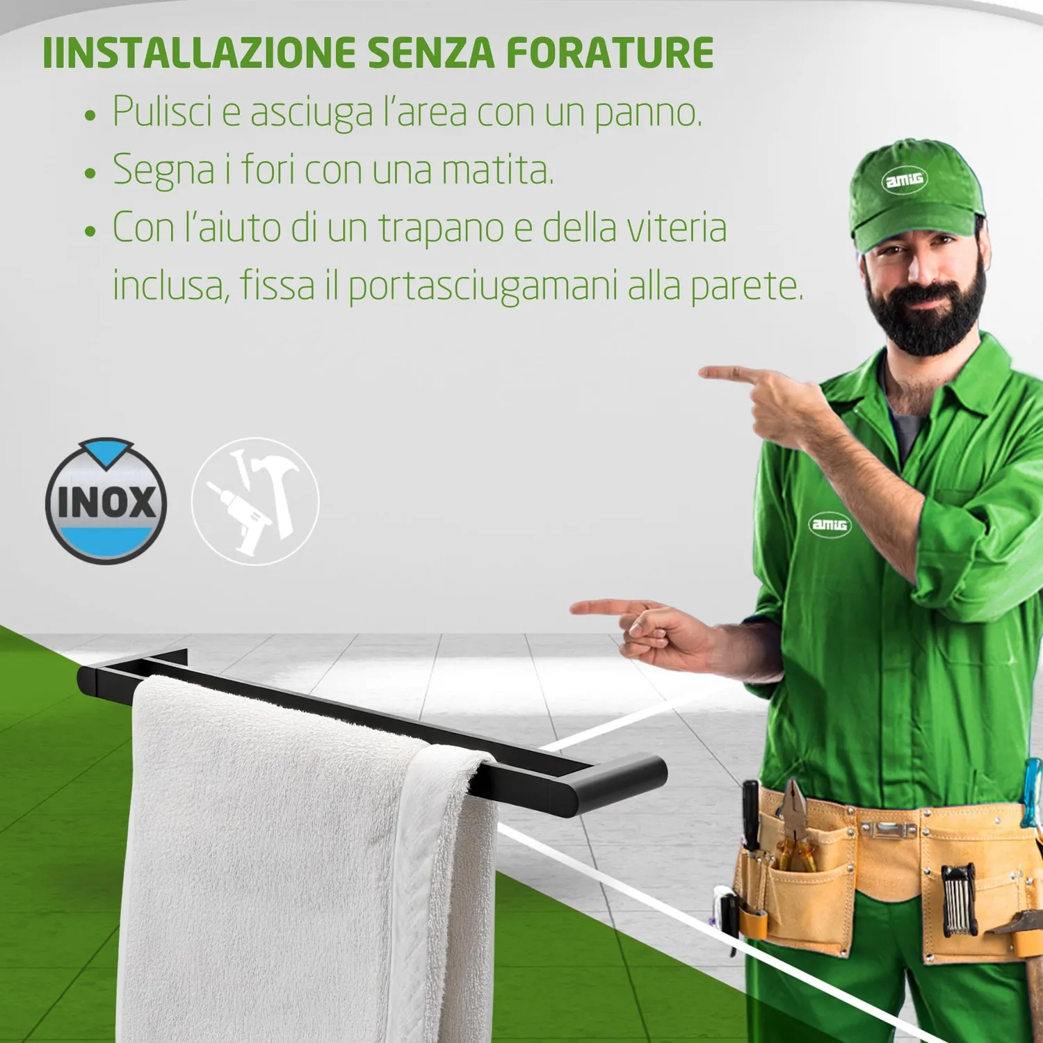 Amig Oma-2 portasciugamani semplice nero opaco 490 mm zamak