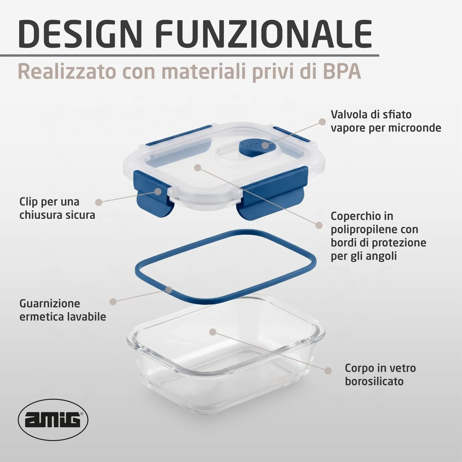 Amig 700 Set 3 Contenitori Vetro Ermetici 370-1050 ml Borosilicato