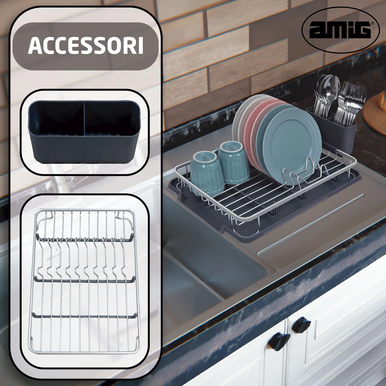 Amig Ezzik scolapiatti alluminio grigio 8 piatti 41 cm