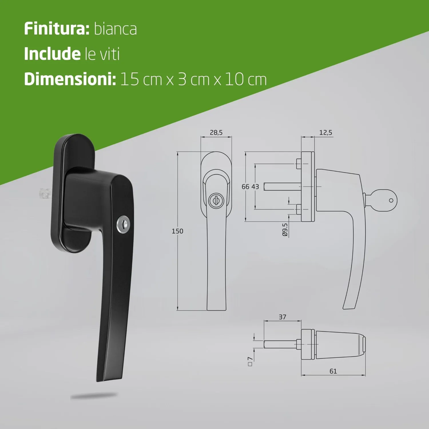 Amig 2550 Maniglia Finestra con Chiave Nera Alluminio