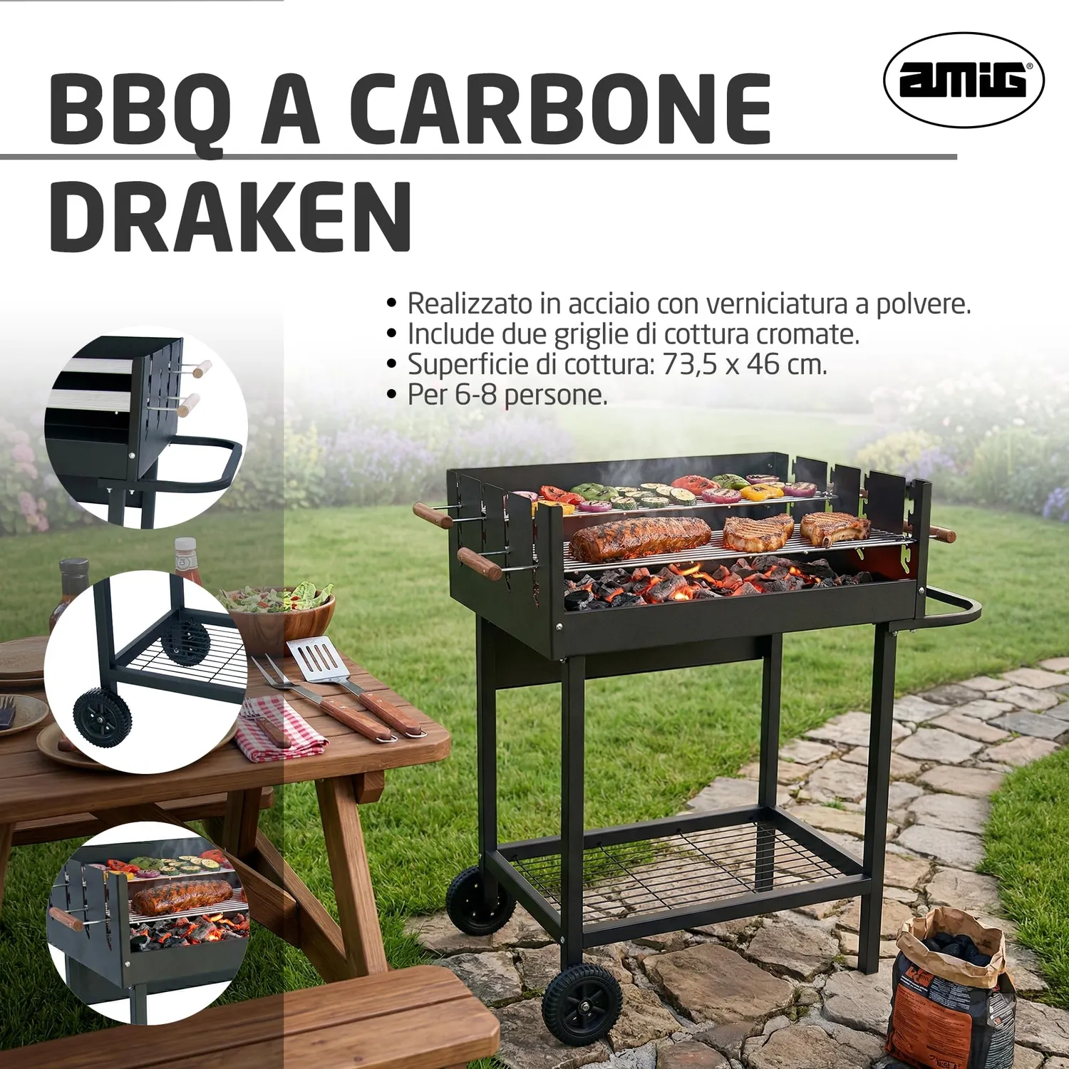 Amig Draken Barbecue a Carbone 94x51x93 cm Nero
